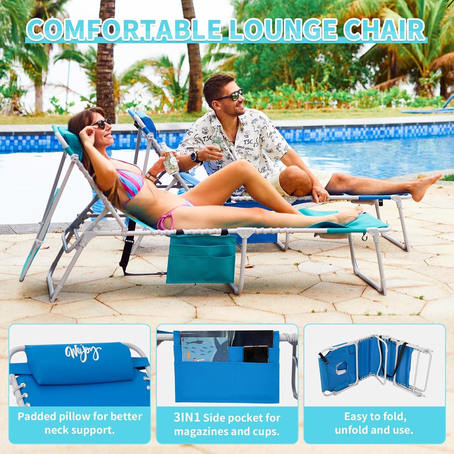 #WEJOY 3 in 1 Tanning Chair with Face Hole & Canopy, 300 lbs Heavy Duty 5 Positions Folding Face Down Lounge Chairs Outdoor with Pillow & Storage Bag Portable for Pool Beach Lawn Camping (Blue)