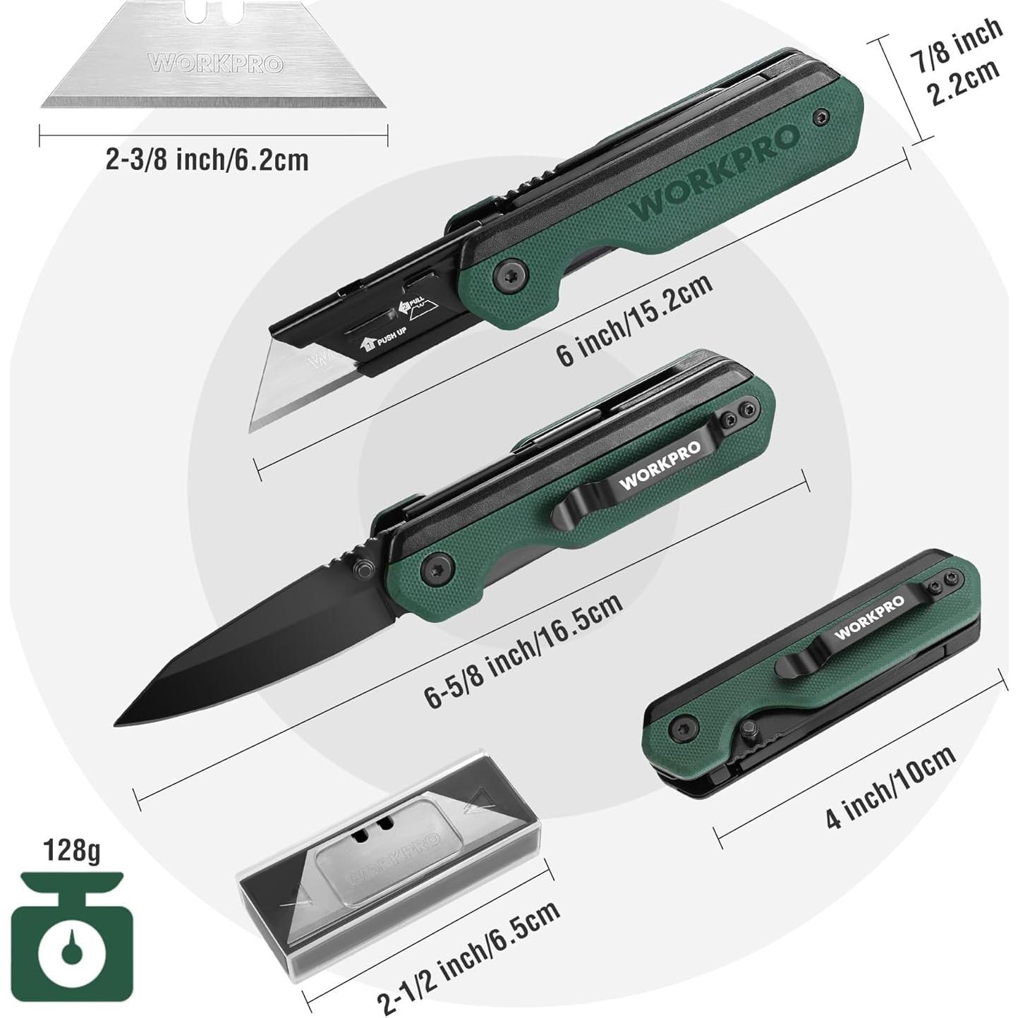 Cuchillo Plegable 2-en-1 WORKPRO G10 Verde con 10 Cuchillas SK5