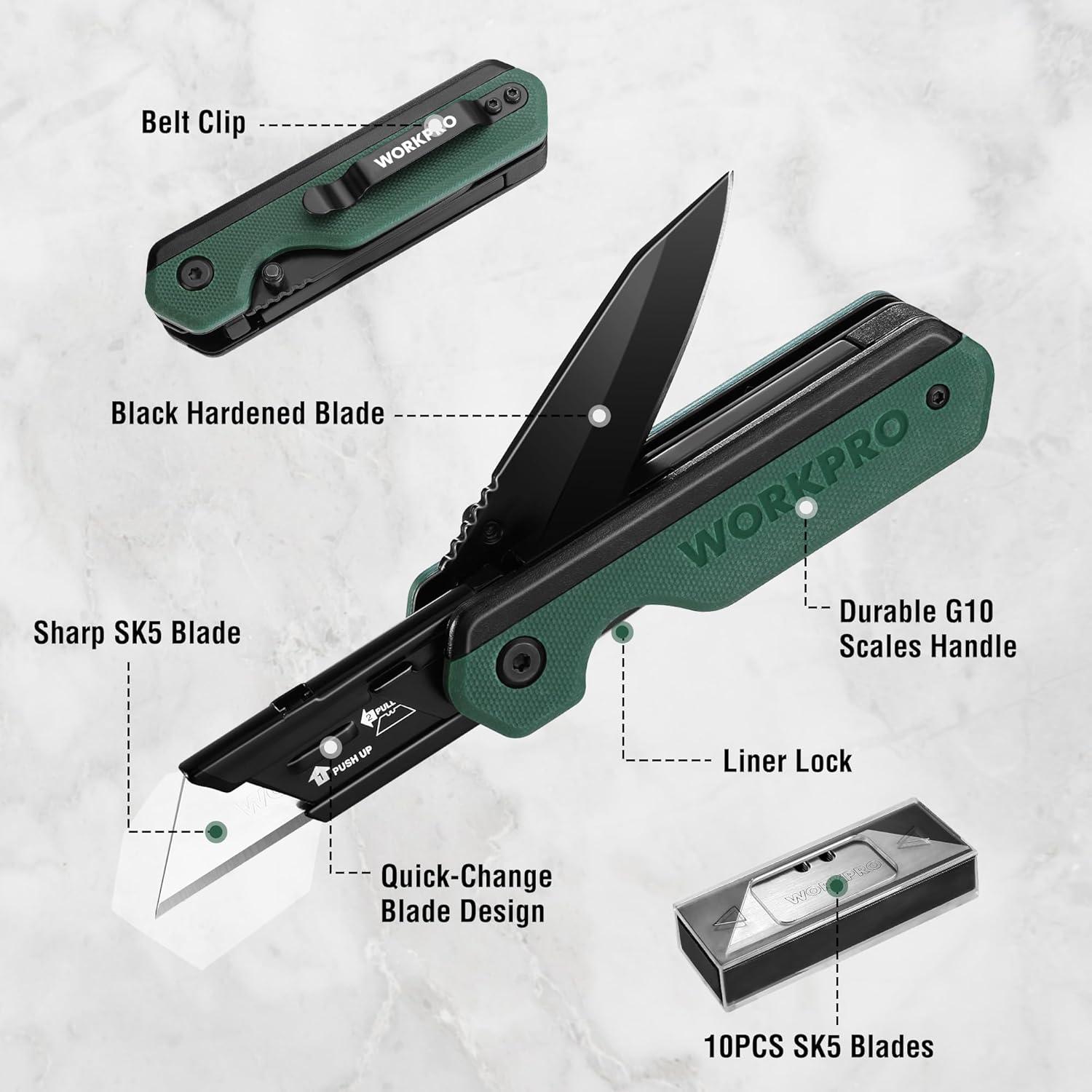 Cuchillo Plegable 2-en-1 WORKPRO G10 Verde con 10 Cuchillas SK5