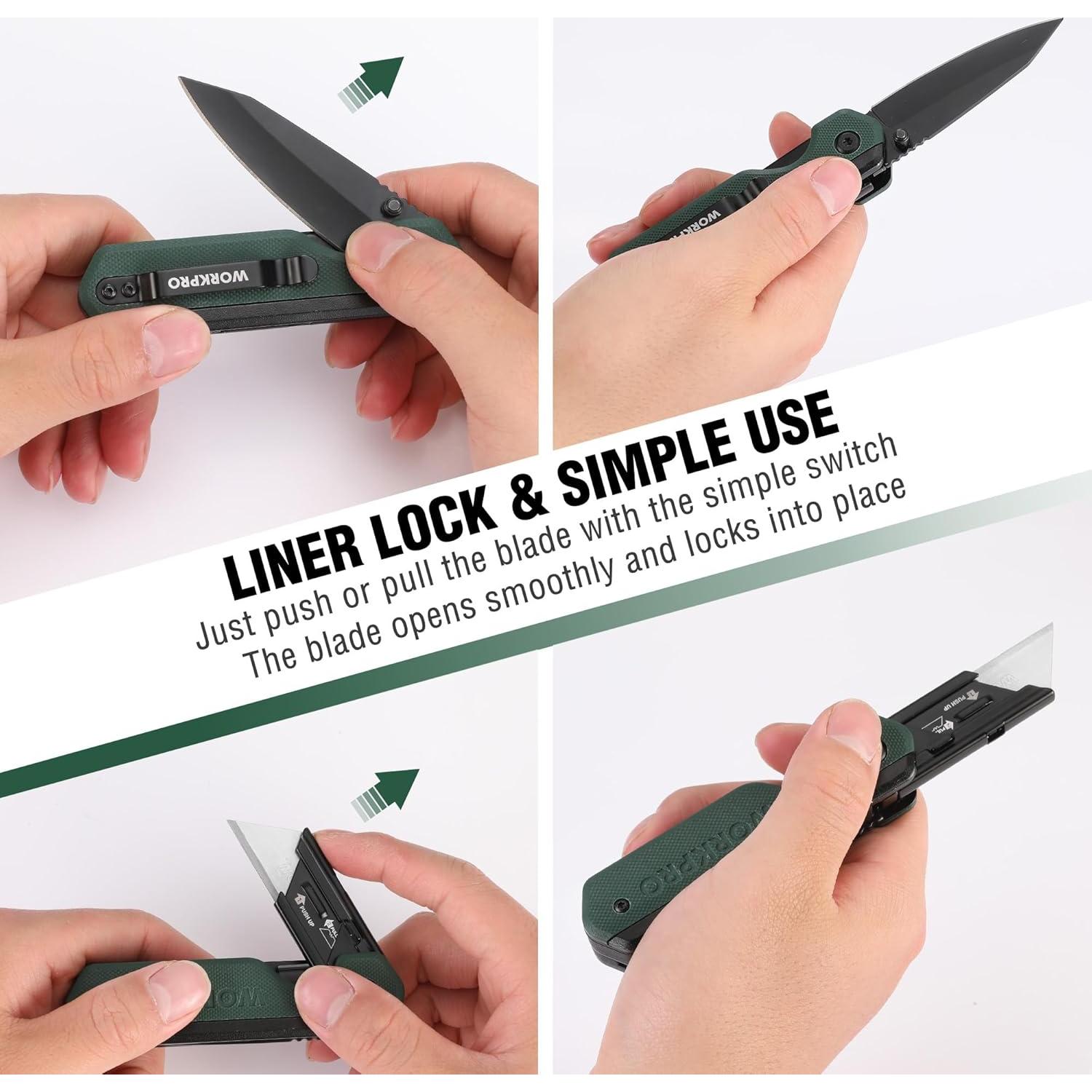 Cuchillo Plegable 2-en-1 WORKPRO G10 Verde con 10 Cuchillas SK5