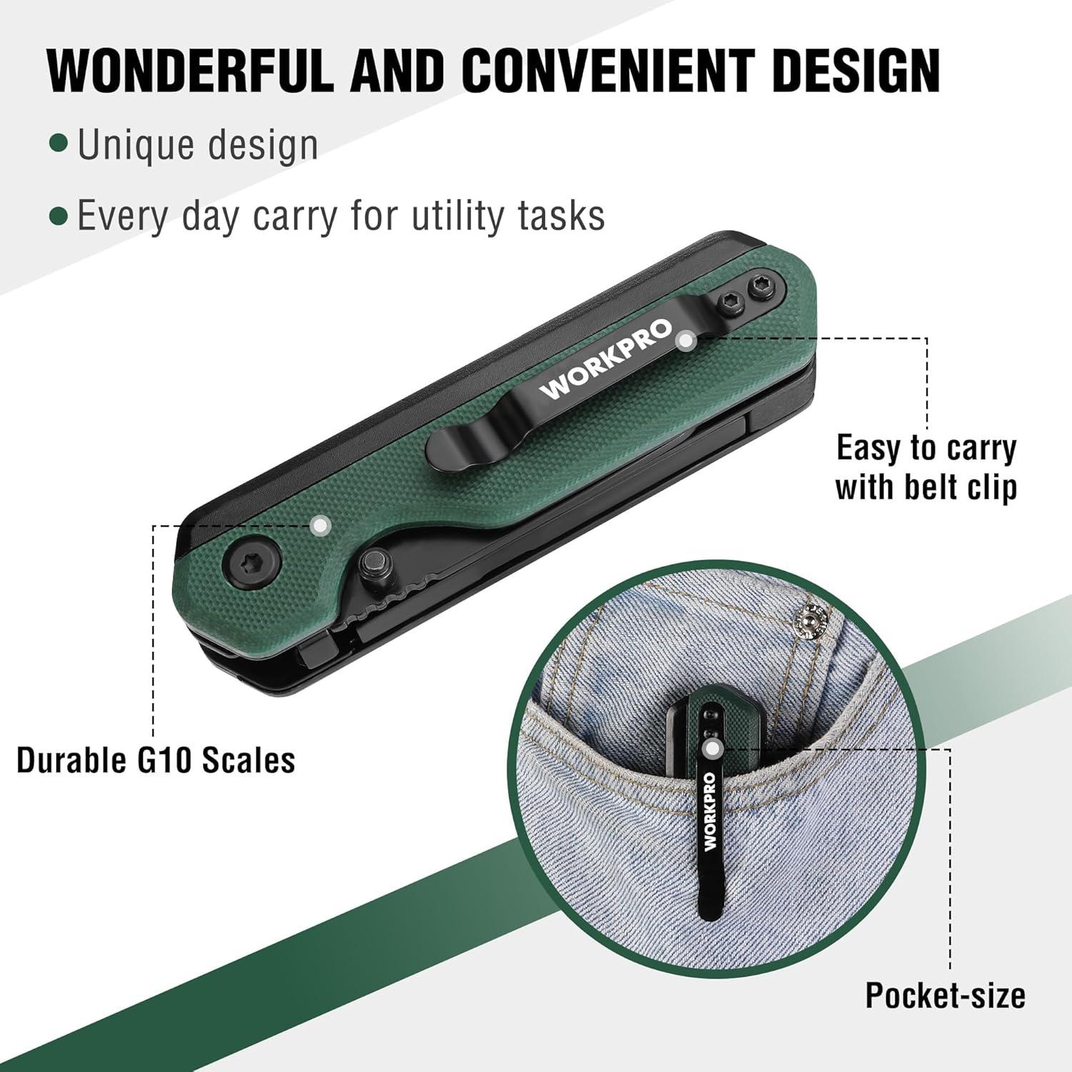 Cuchillo Plegable 2-en-1 WORKPRO G10 Verde con 10 Cuchillas SK5