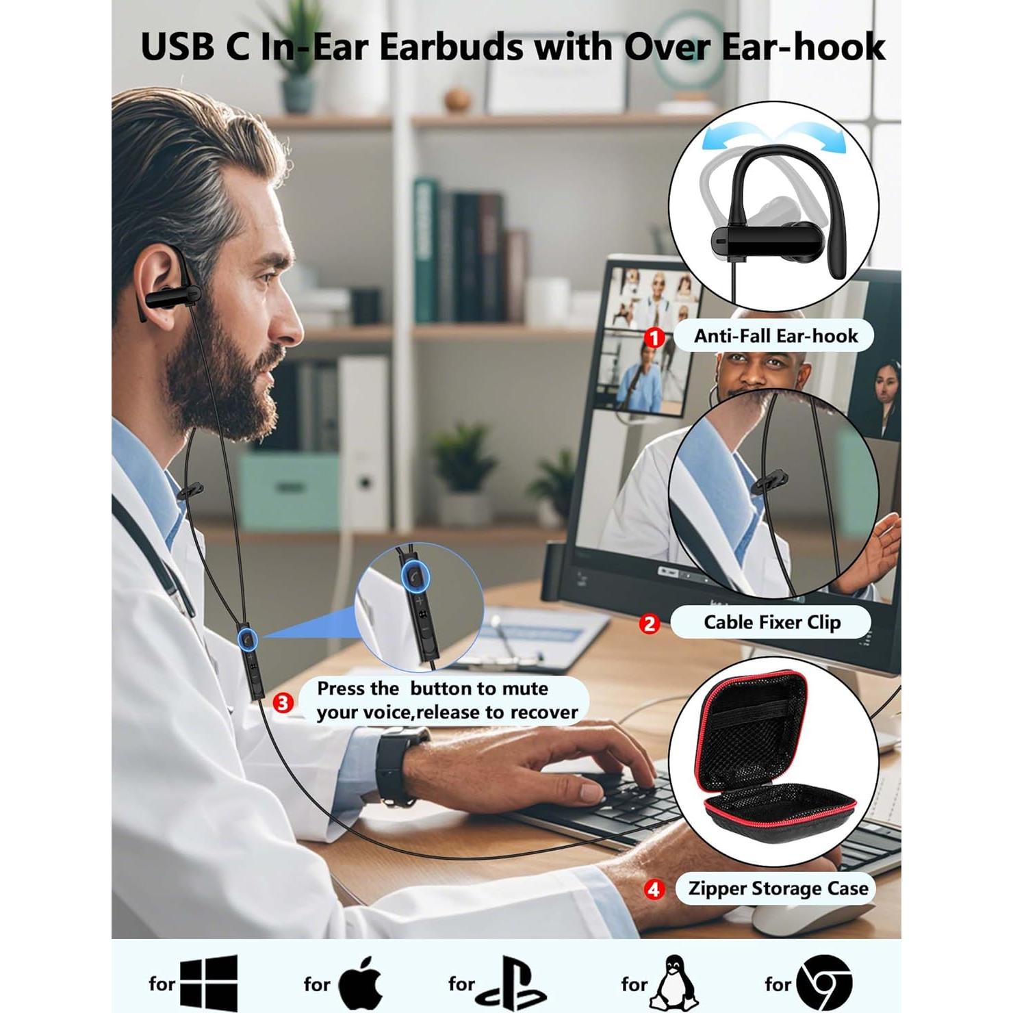 Auriculares USB A TOPAUX con gancho sobre la oreja y micrófono