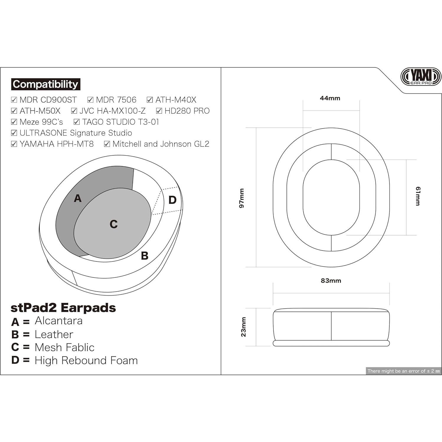 Almohadillas Negras YAXI stPad y stPad2 para Sony MDR7506