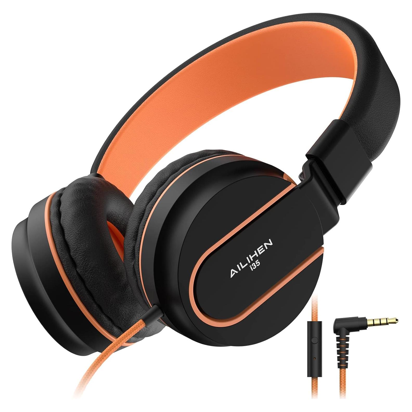 AILIHEN Kids Headphones, I35 On-Ear Headphones for School, Safe Volume 93dB, HD Mic Stereo Headphone for Kid Girls Boys, Foldable 3.5mm Wired for Chromebook, Laptop, Computer, Tablet (Black Orange)