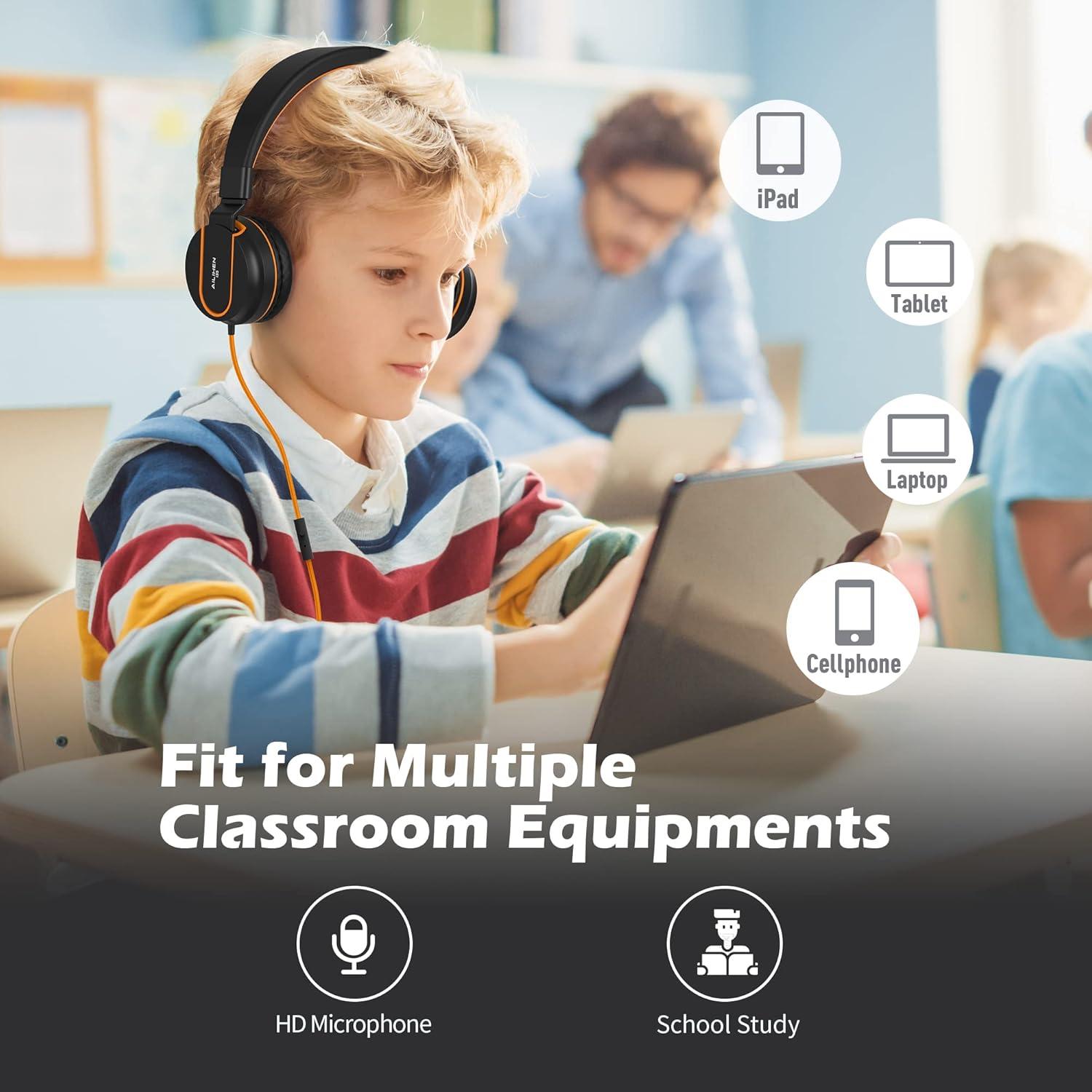 AILIHEN Kids Headphones, I35 On-Ear Headphones for School, Safe Volume 93dB, HD Mic Stereo Headphone for Kid Girls Boys, Foldable 3.5mm Wired for Chromebook, Laptop, Computer, Tablet (Black Orange)