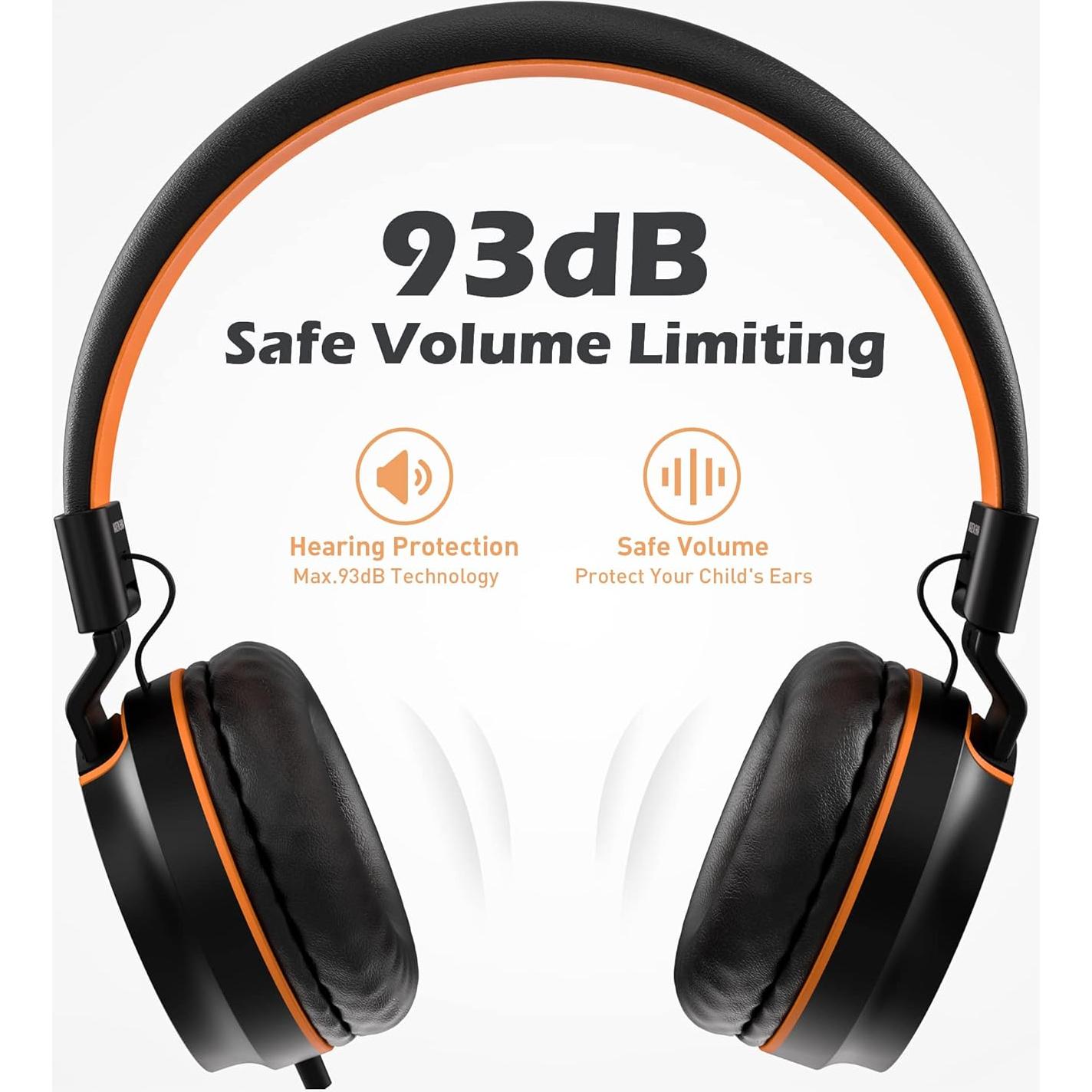 AILIHEN Kids Headphones, I35 On-Ear Headphones for School, Safe Volume 93dB, HD Mic Stereo Headphone for Kid Girls Boys, Foldable 3.5mm Wired for Chromebook, Laptop, Computer, Tablet (Black Orange)