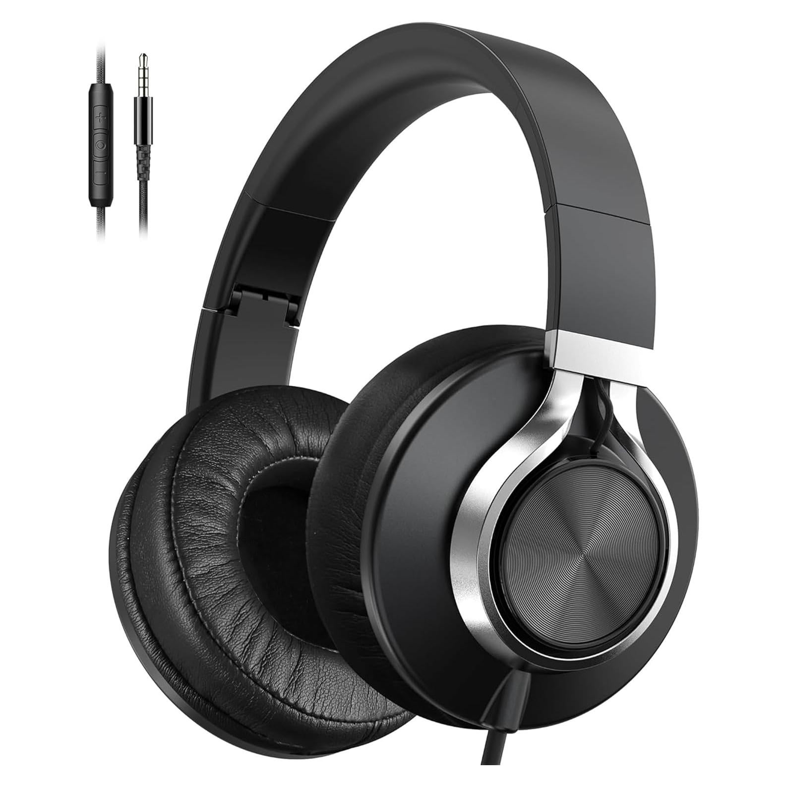 AILIHEN Wired Headphones with Microphone, Over-Ear Foldable Corded Headphones with Volume Control 3.5mm for Teens Adult Smartphones Chromebook (Black)