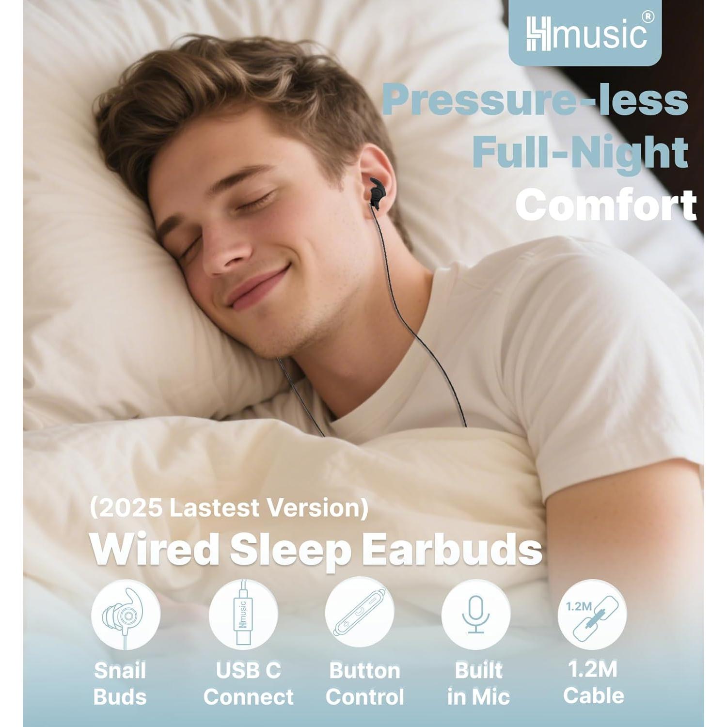 Hmusic Sleep Headphones,3.5mm Jack Wired Sleeping Earbuds,30dB Noise Isolate Sleepbuds,2g Lightweight, Silicone Soft Earplug,Snail Flat Thin Bed Earphones for Air Travel,Work,Audio Book,Meditation