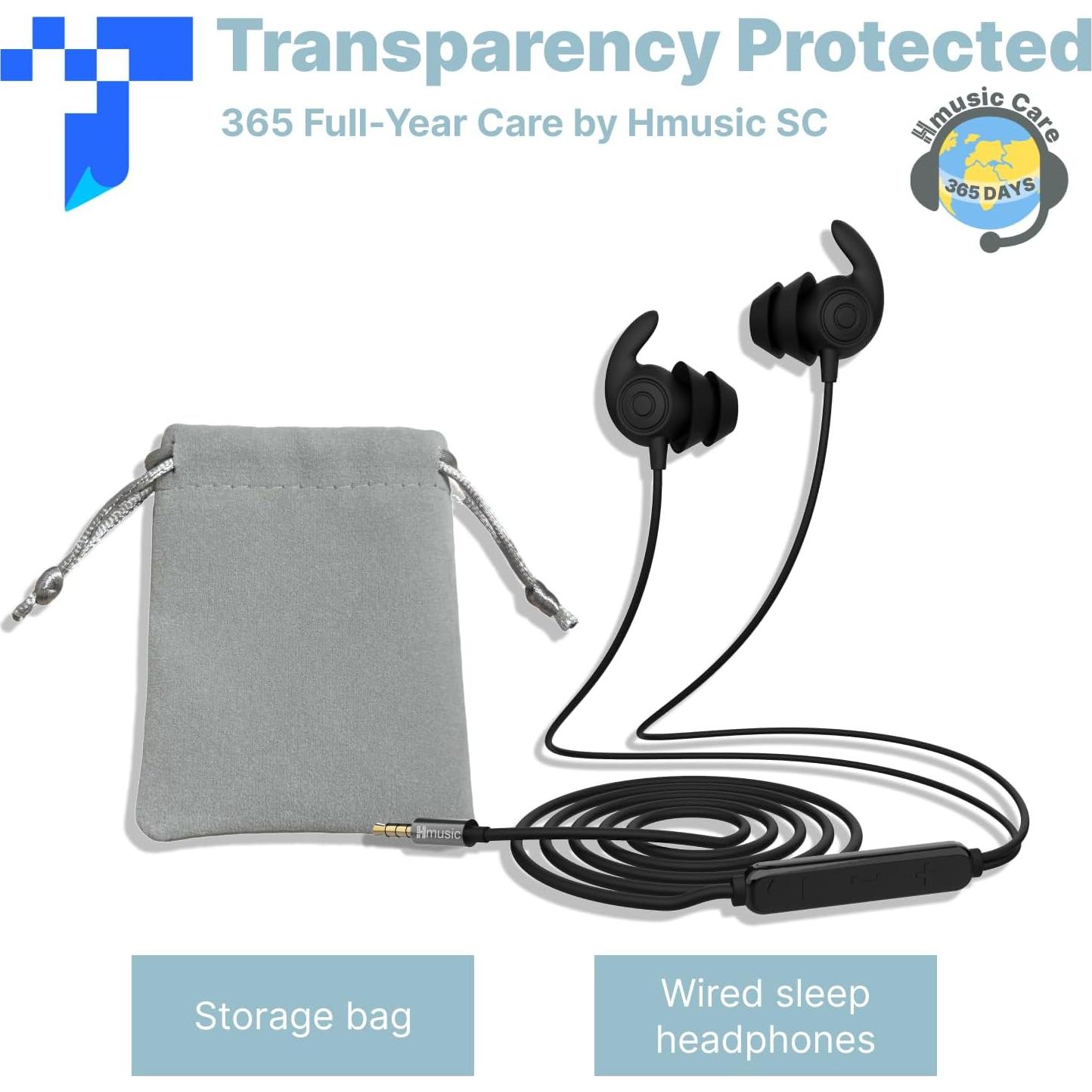 Hmusic Sleep Headphones,3.5mm Jack Wired Sleeping Earbuds,30dB Noise Isolate Sleepbuds,2g Lightweight, Silicone Soft Earplug,Snail Flat Thin Bed Earphones for Air Travel,Work,Audio Book,Meditation