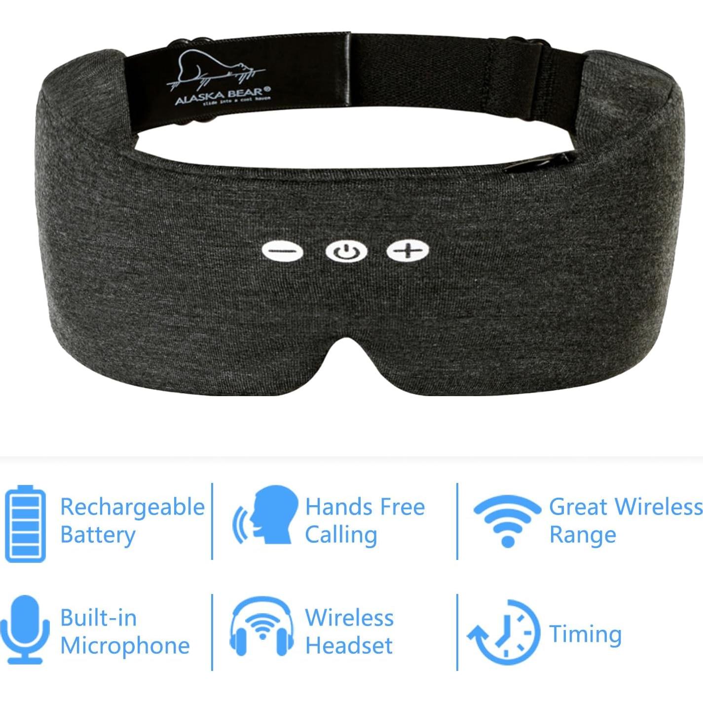 Diadema Bluetooth 5.2 ALASKA BEAR con Máscara de Sueño Algodón Gris