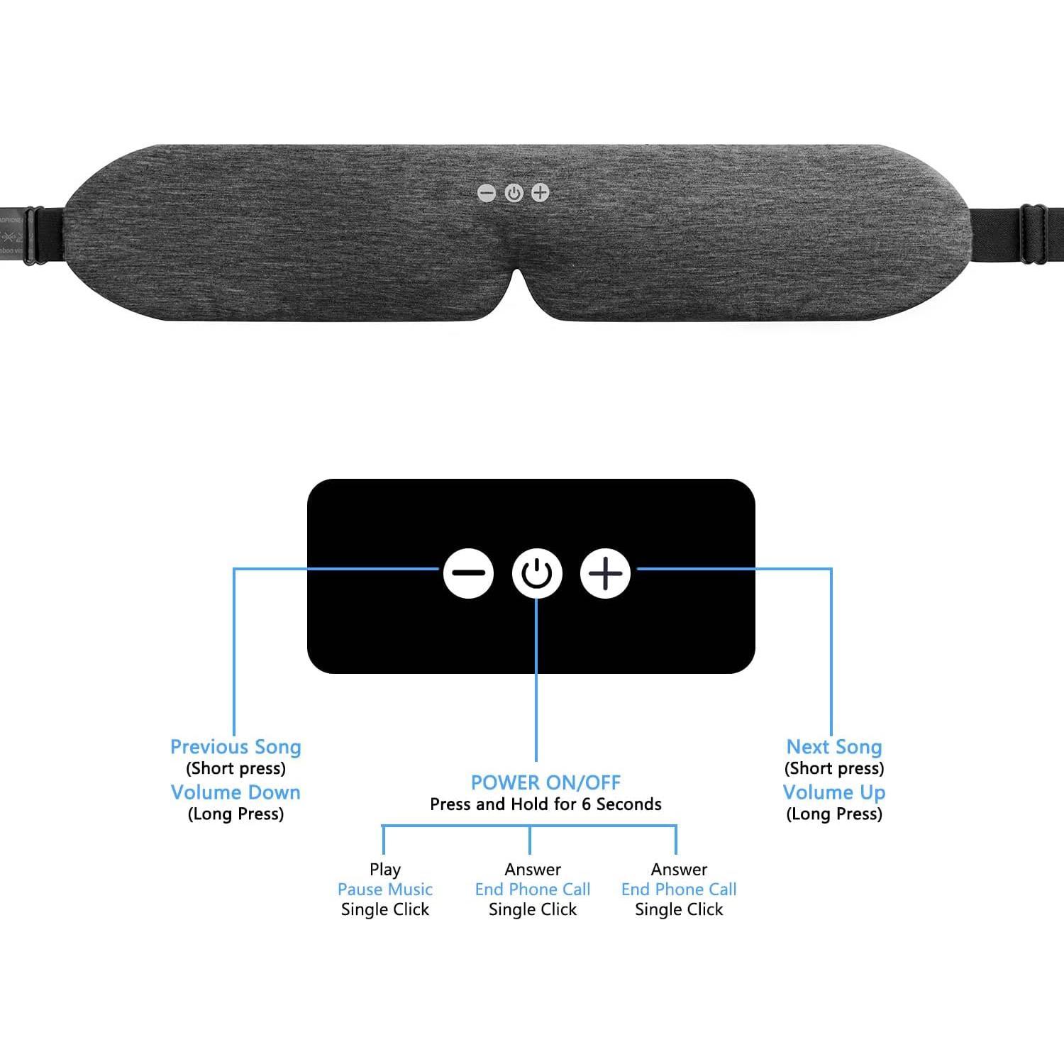 Diadema Bluetooth 5.2 ALASKA BEAR con Máscara de Sueño Algodón Gris