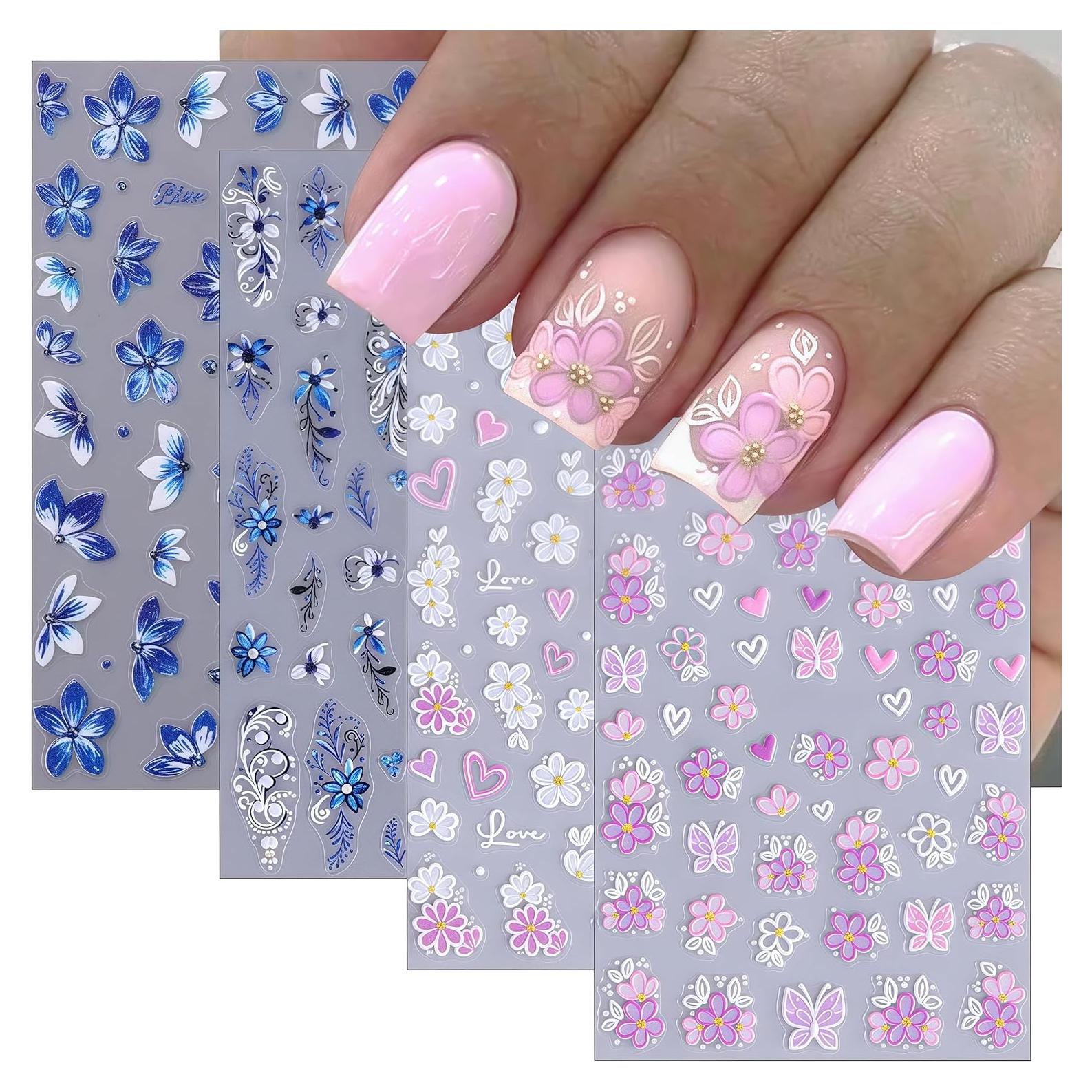 Calcomanías de Uñas YUEJIMEIGUI 4 Hojas Flores Azules 5D