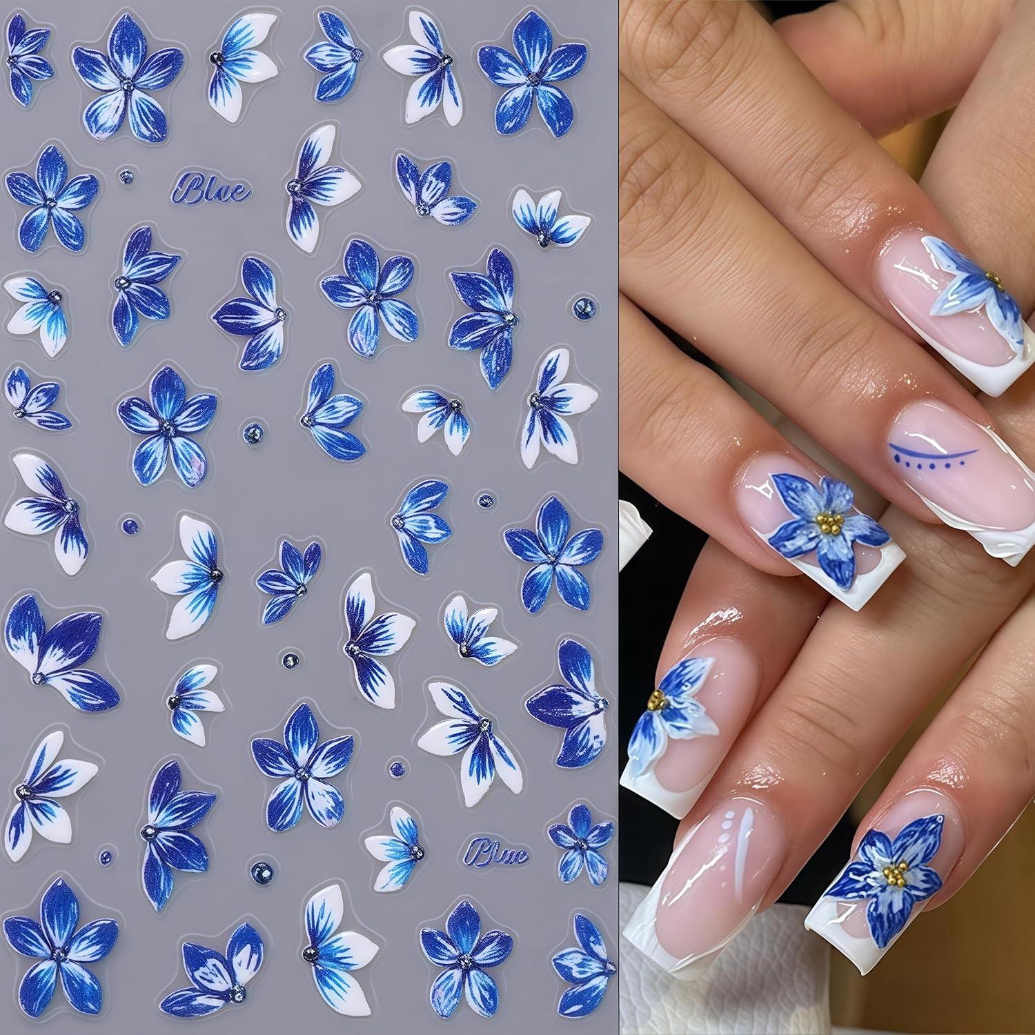 Calcomanías de Uñas YUEJIMEIGUI 4 Hojas Flores Azules 5D