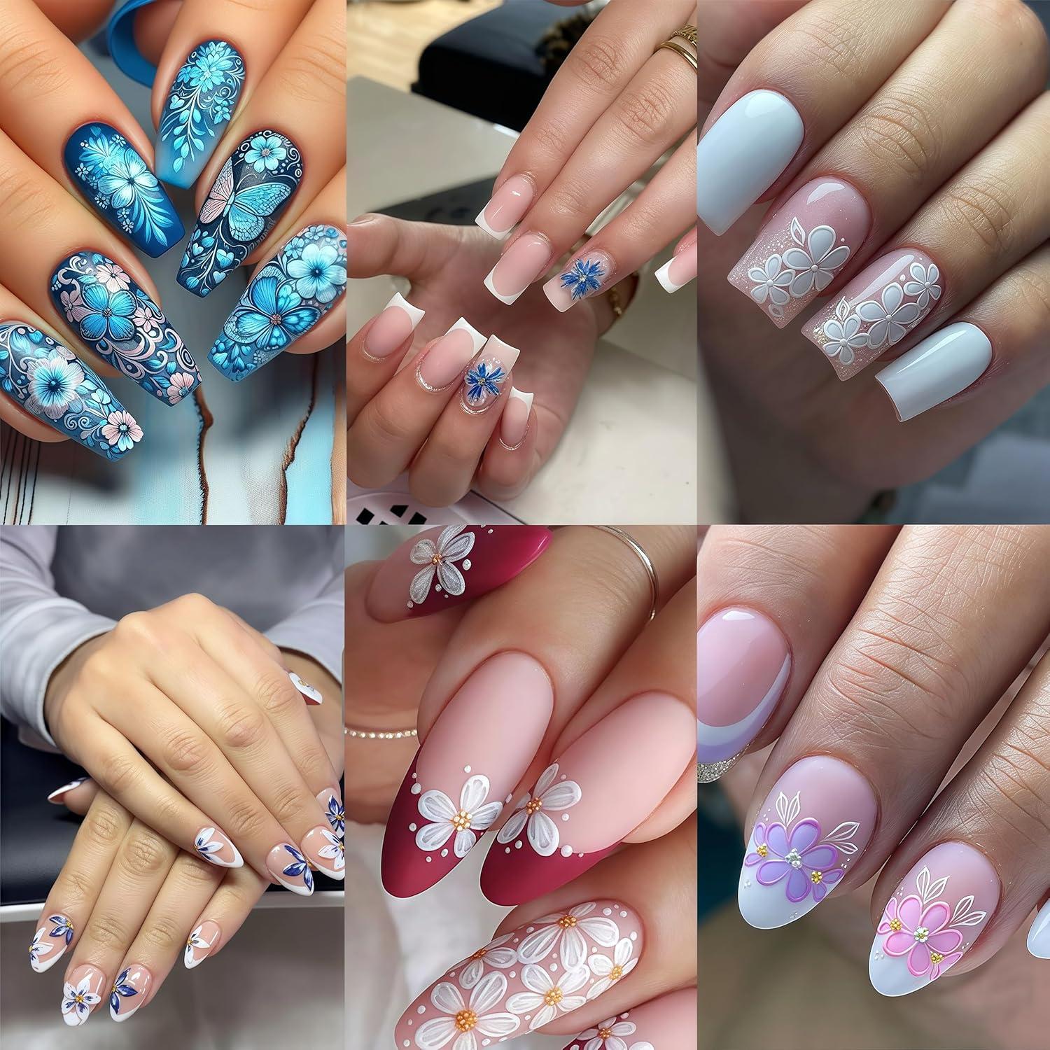 Calcomanías de Uñas YUEJIMEIGUI 4 Hojas Flores Azules 5D