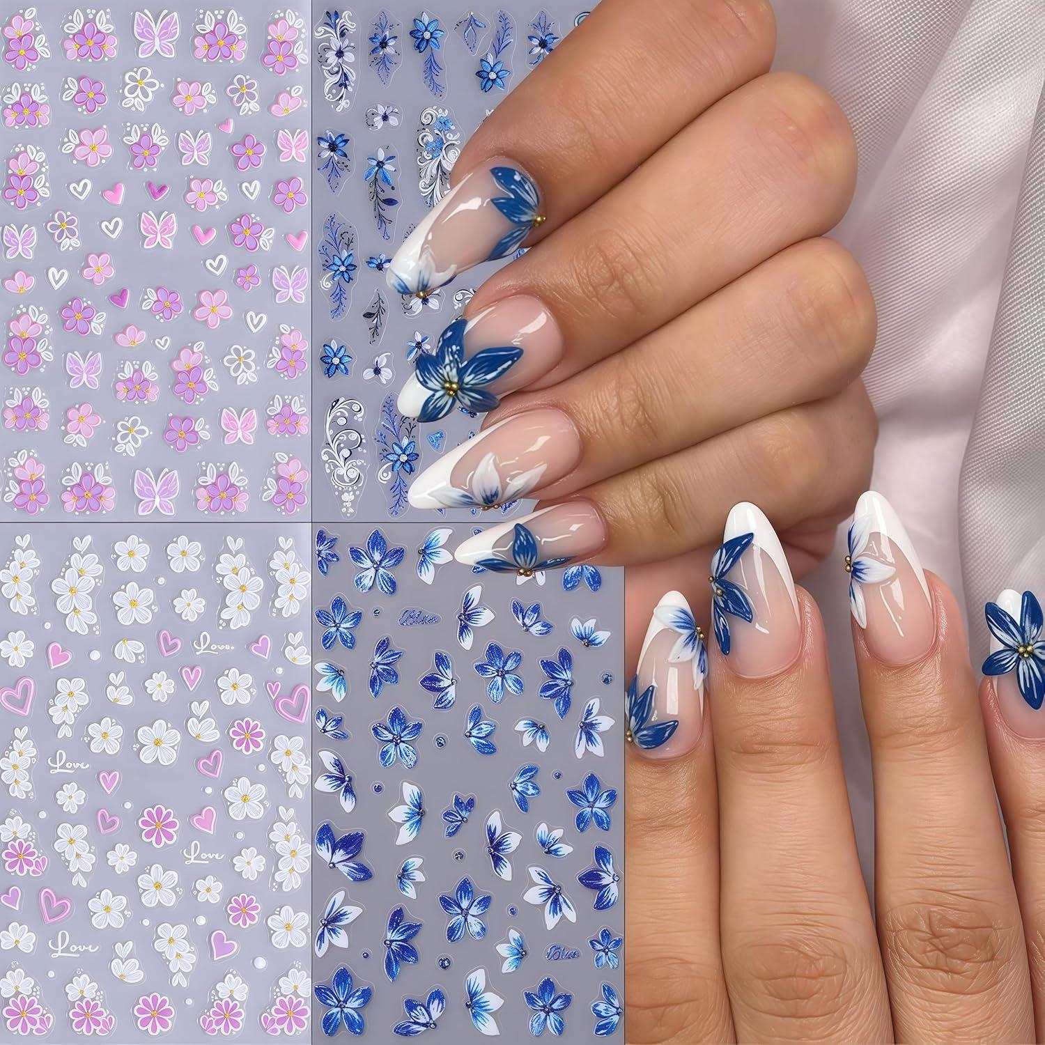 Calcomanías de Uñas YUEJIMEIGUI 4 Hojas Flores Azules 5D