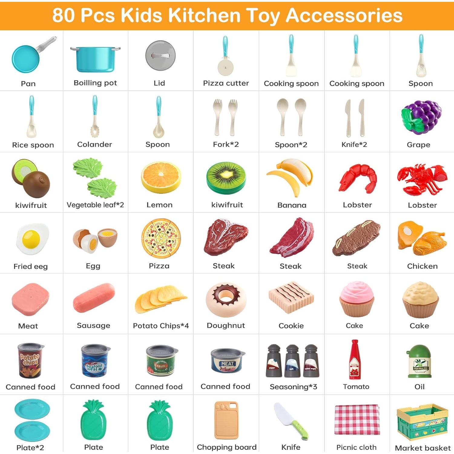 Juego de Cocina 80 Piezas Funpynani Turquesa para Niños