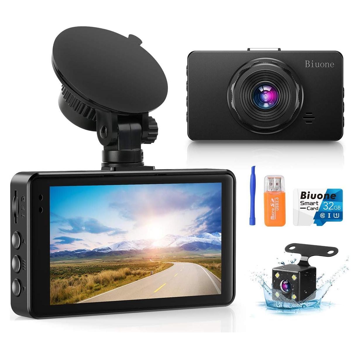 Cámara de tablero delantera y trasera Biuone A20 1080P con tarjeta 32G