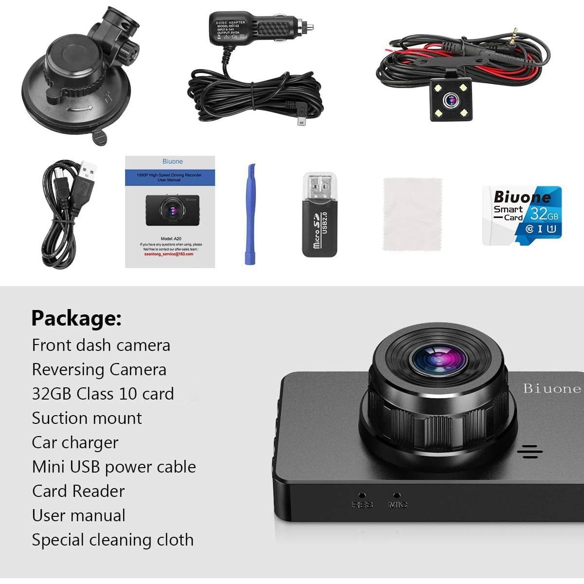 Cámara de tablero delantera y trasera Biuone A20 1080P con tarjeta 32G