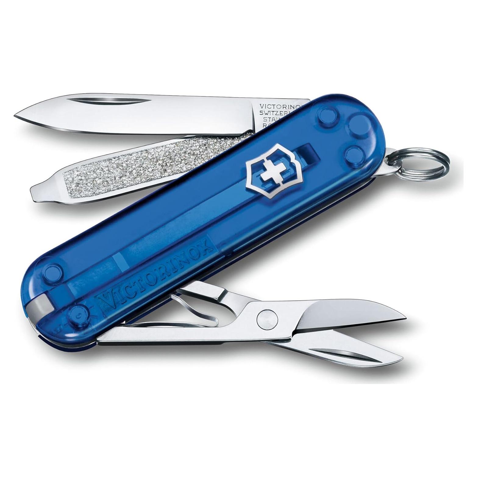 Victorinox Classic SD Swiss Army Knife, Compact, 7 Functions, Swiss Made Pocket Knife with Small Blade, Screwdriver and Key Ring - Deep Ocean (Translucent Blue)