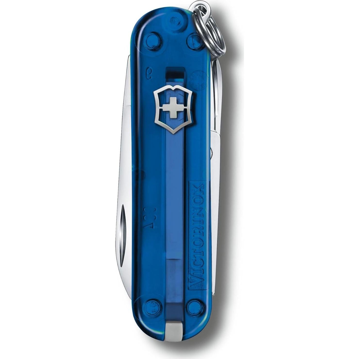 Victorinox Classic SD Swiss Army Knife, Compact, 7 Functions, Swiss Made Pocket Knife with Small Blade, Screwdriver and Key Ring - Deep Ocean (Translucent Blue)