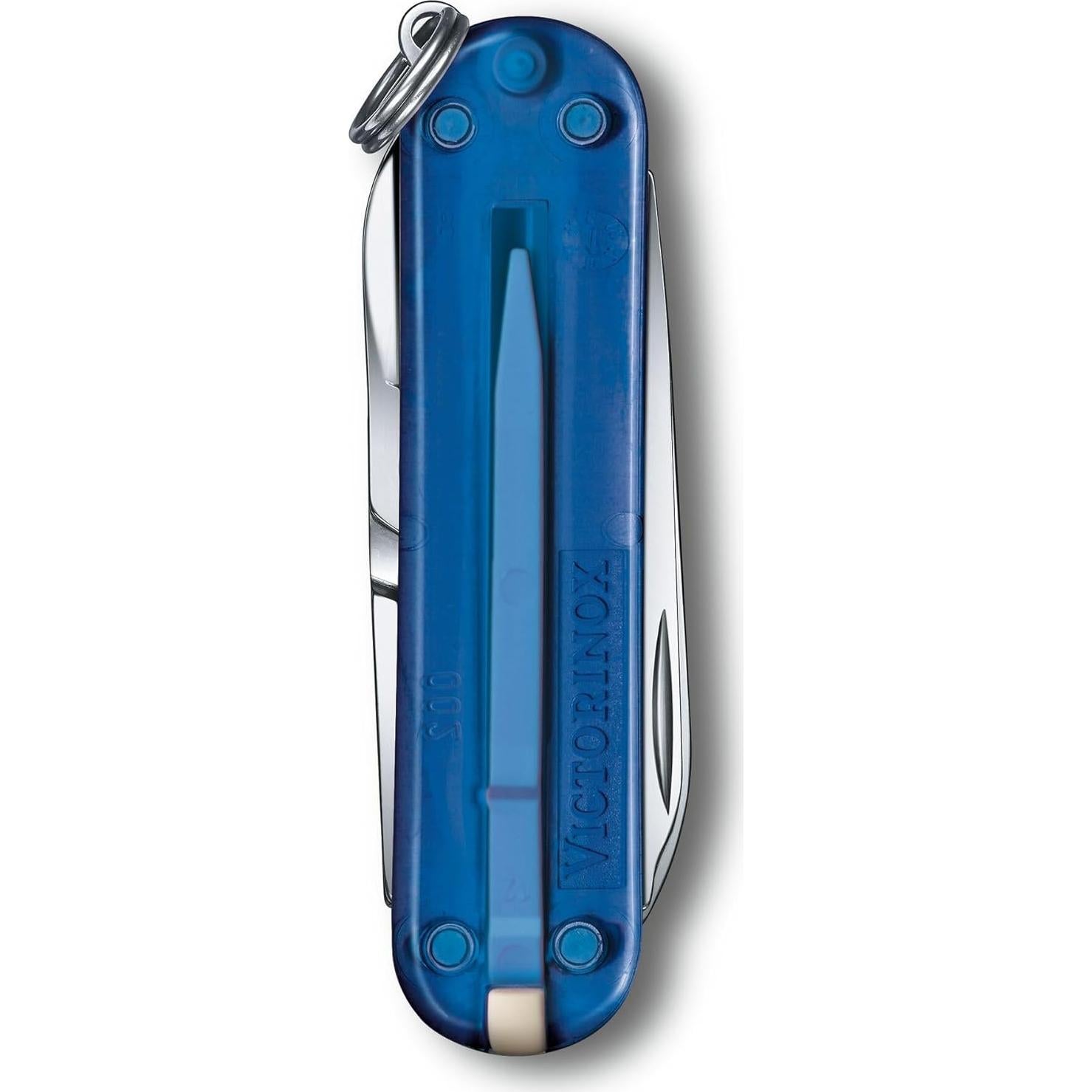 Victorinox Classic SD Swiss Army Knife, Compact, 7 Functions, Swiss Made Pocket Knife with Small Blade, Screwdriver and Key Ring - Deep Ocean (Translucent Blue)