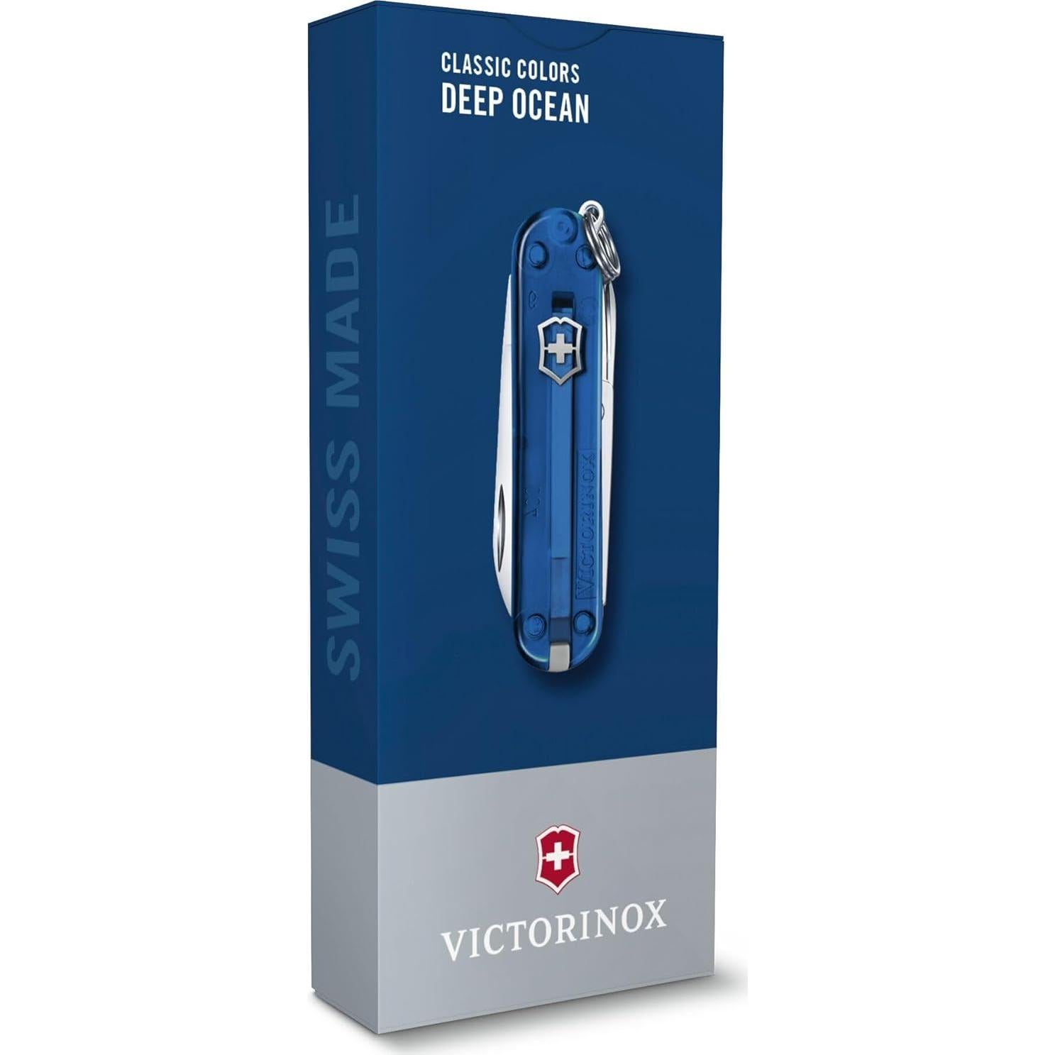 Victorinox Classic SD Swiss Army Knife, Compact, 7 Functions, Swiss Made Pocket Knife with Small Blade, Screwdriver and Key Ring - Deep Ocean (Translucent Blue)