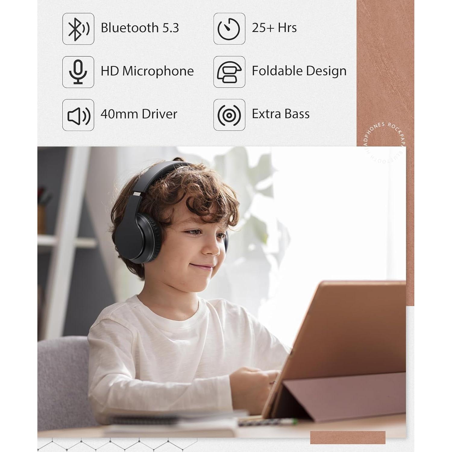 rockpapa E7 Over Ear Wireless Bluetooth Headphones with Mic Without Travel Case, Foldable Wired/Wireless Headphones with Microphone for Kids Childrens Boys Girls Teen Youth Adult Black