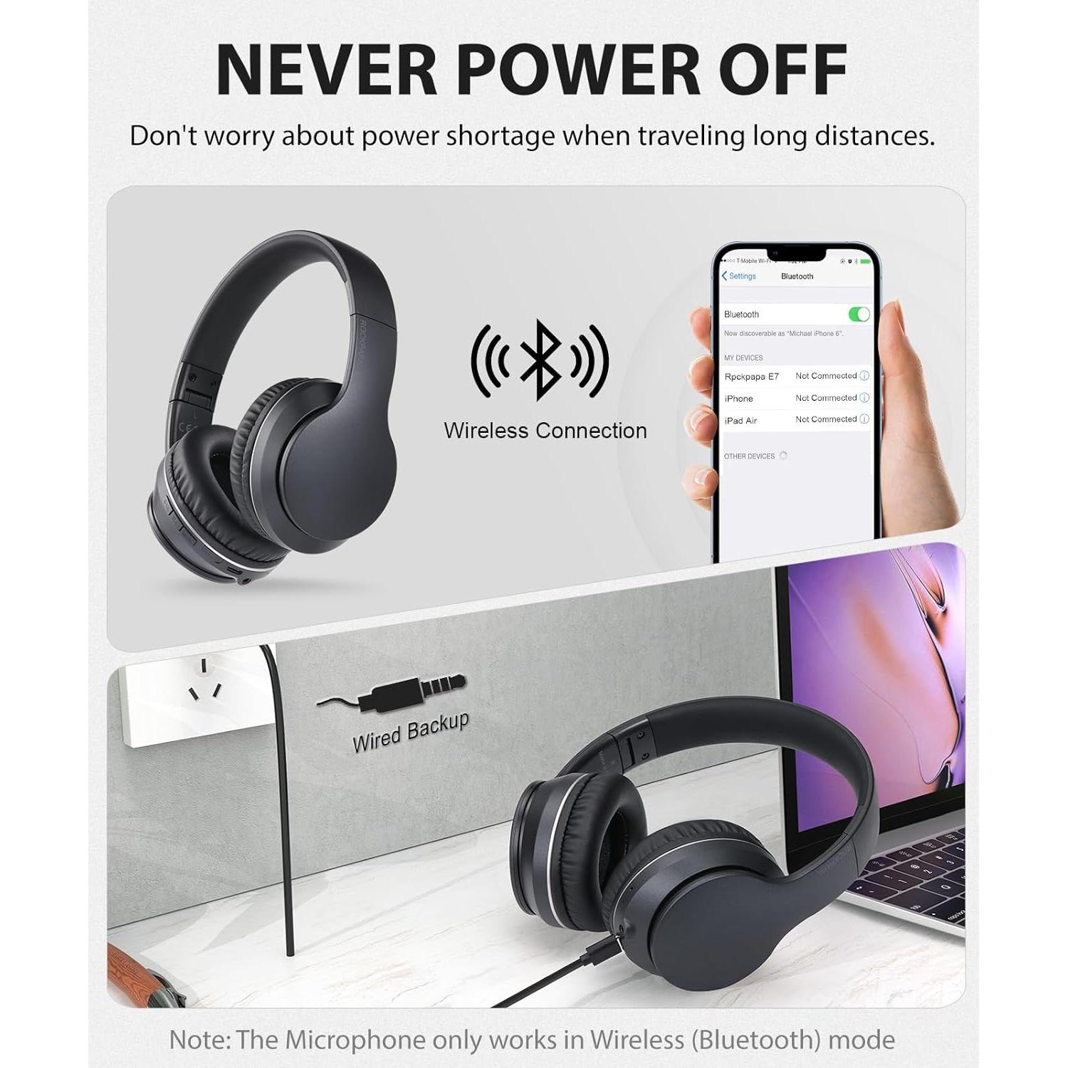 rockpapa E7 Over Ear Wireless Bluetooth Headphones with Mic Without Travel Case, Foldable Wired/Wireless Headphones with Microphone for Kids Childrens Boys Girls Teen Youth Adult Black