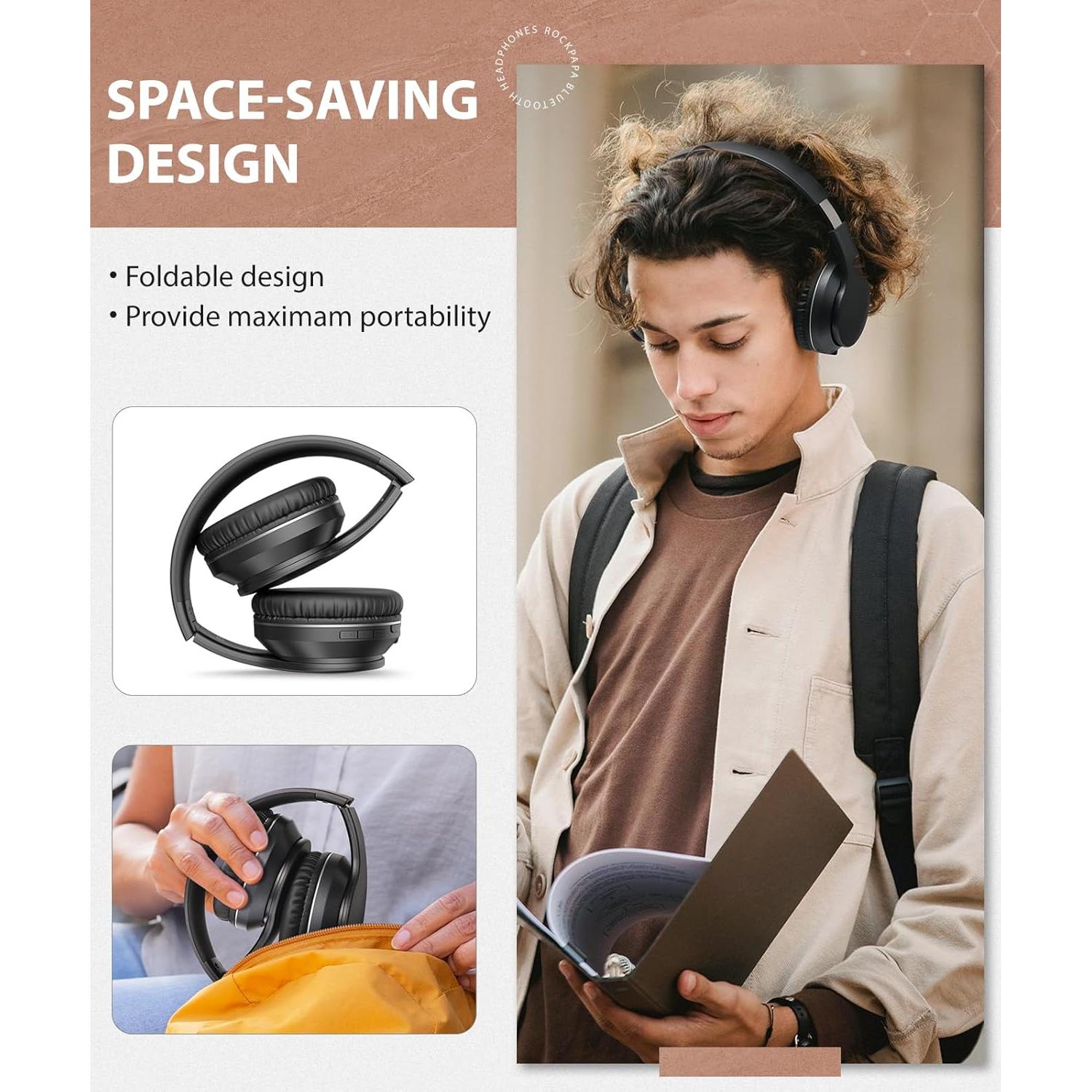 rockpapa E7 Over Ear Wireless Bluetooth Headphones with Mic Without Travel Case, Foldable Wired/Wireless Headphones with Microphone for Kids Childrens Boys Girls Teen Youth Adult Black