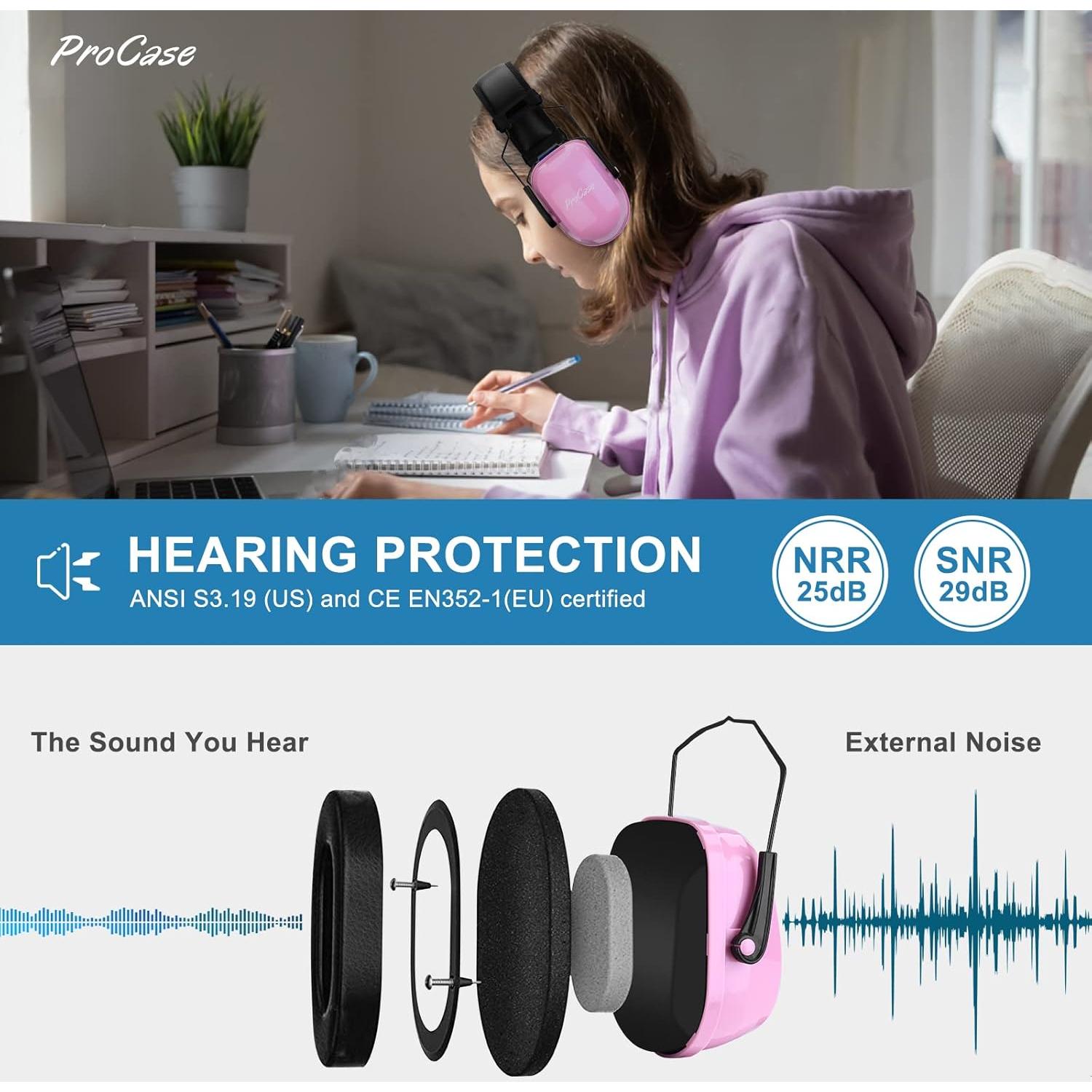 Orejeras ProCase para Niños Rosa SNR 29 dB Canceladoras de Ruido