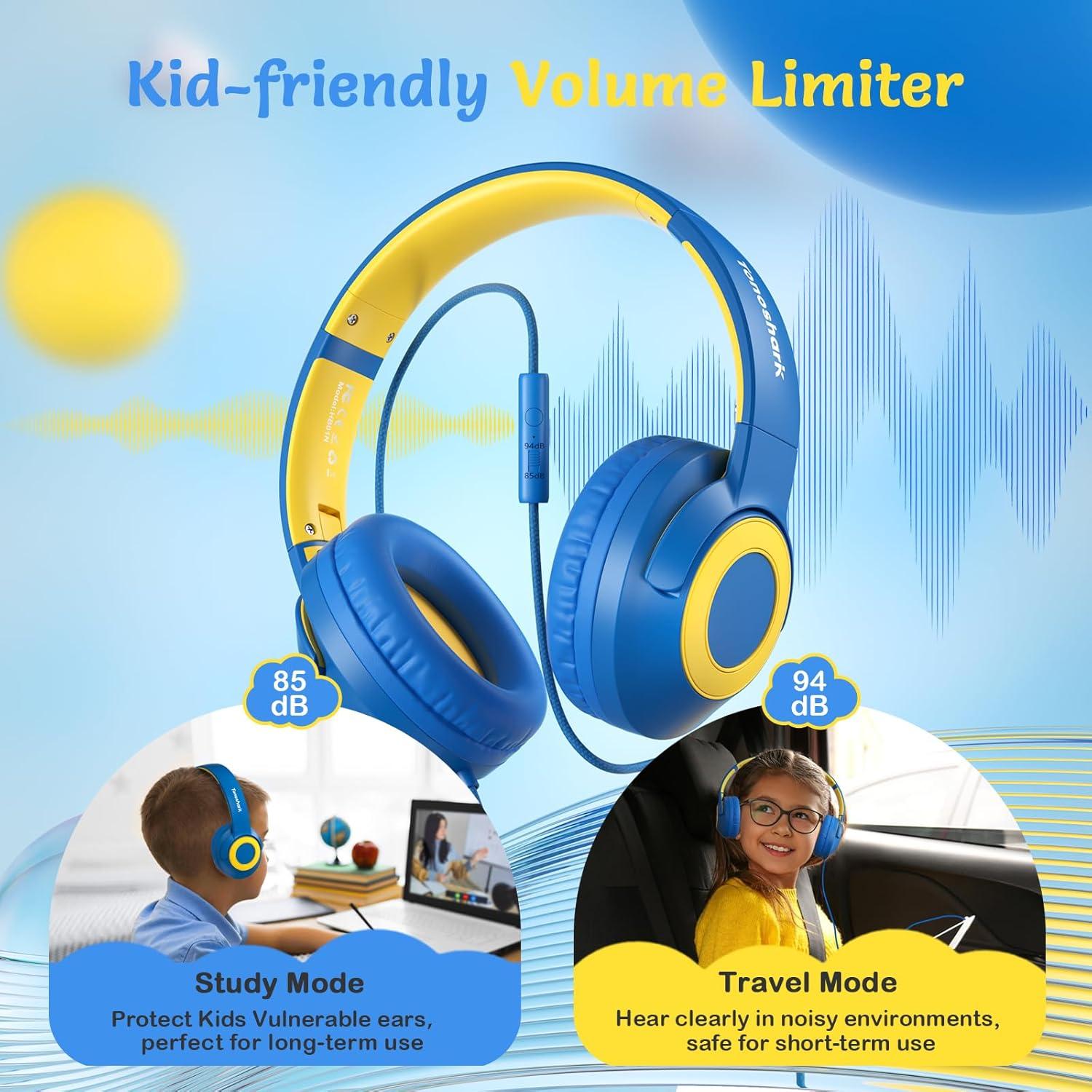 Kids Wired Headphones with Microphone, Volume Limited to 85/94dB Earphone for Boys & Girls, Foldable 3.5mm Jack Headset for School & Travel, Includes Portable Case