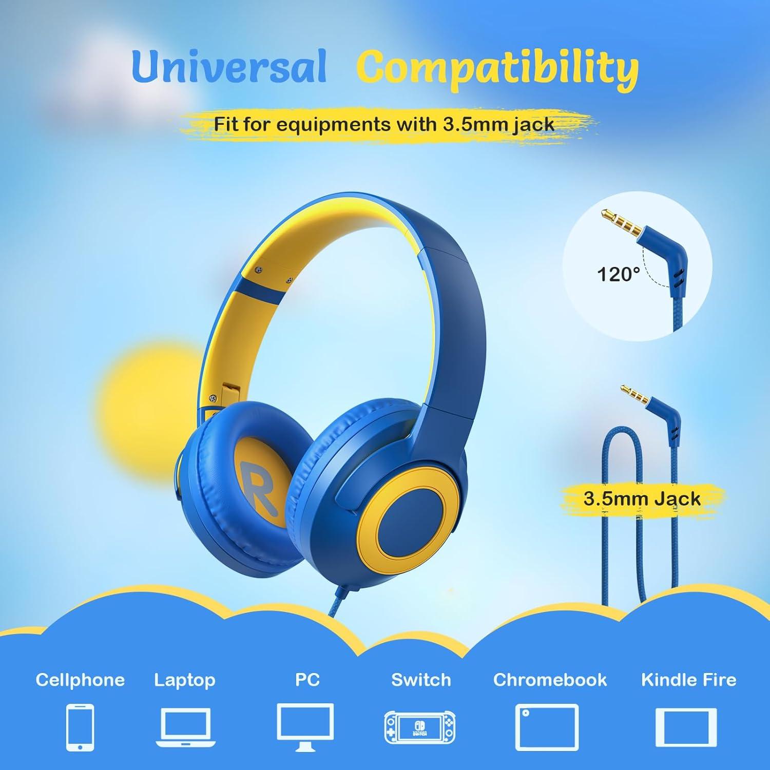 Kids Wired Headphones with Microphone, Volume Limited to 85/94dB Earphone for Boys & Girls, Foldable 3.5mm Jack Headset for School & Travel, Includes Portable Case
