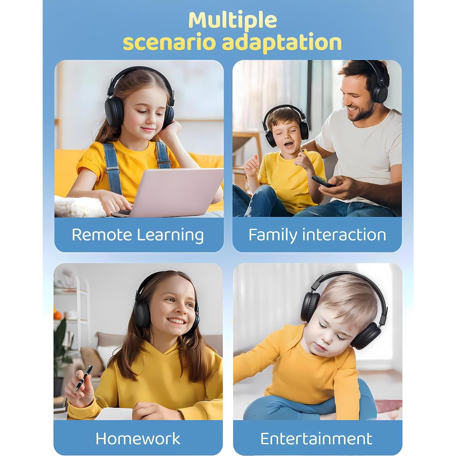 Kids Bluetooth Headphones, Wireless Headphones with HD ENC Microphone, 50 Hours Playtime, Safe Volume,Type C Fast Charging,Foldable Over Ear Headphone for Children/Teens/Smart Device (Black)