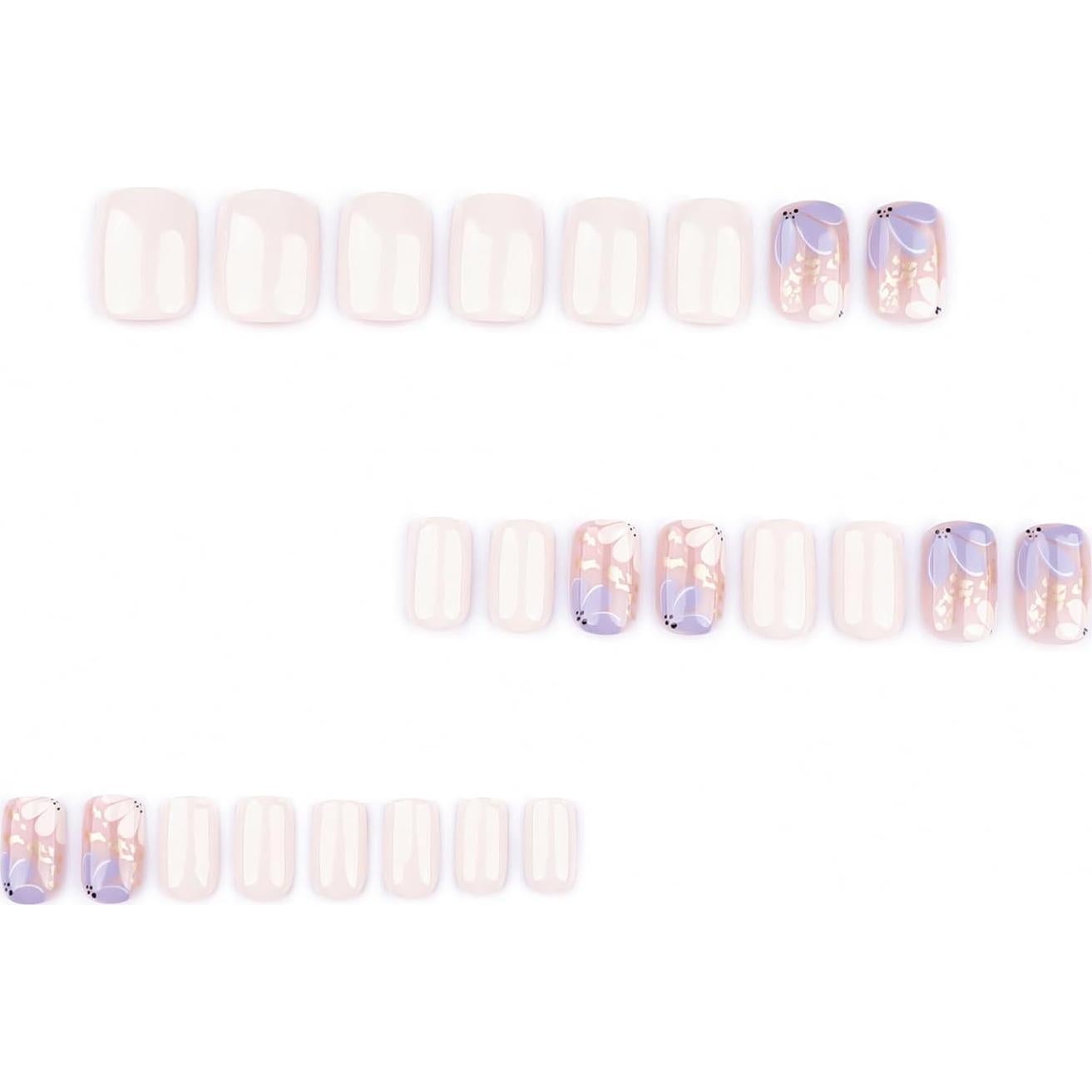 Uñas Postizas Cortas Beige Stbisen con Flores y Acabado Brillante