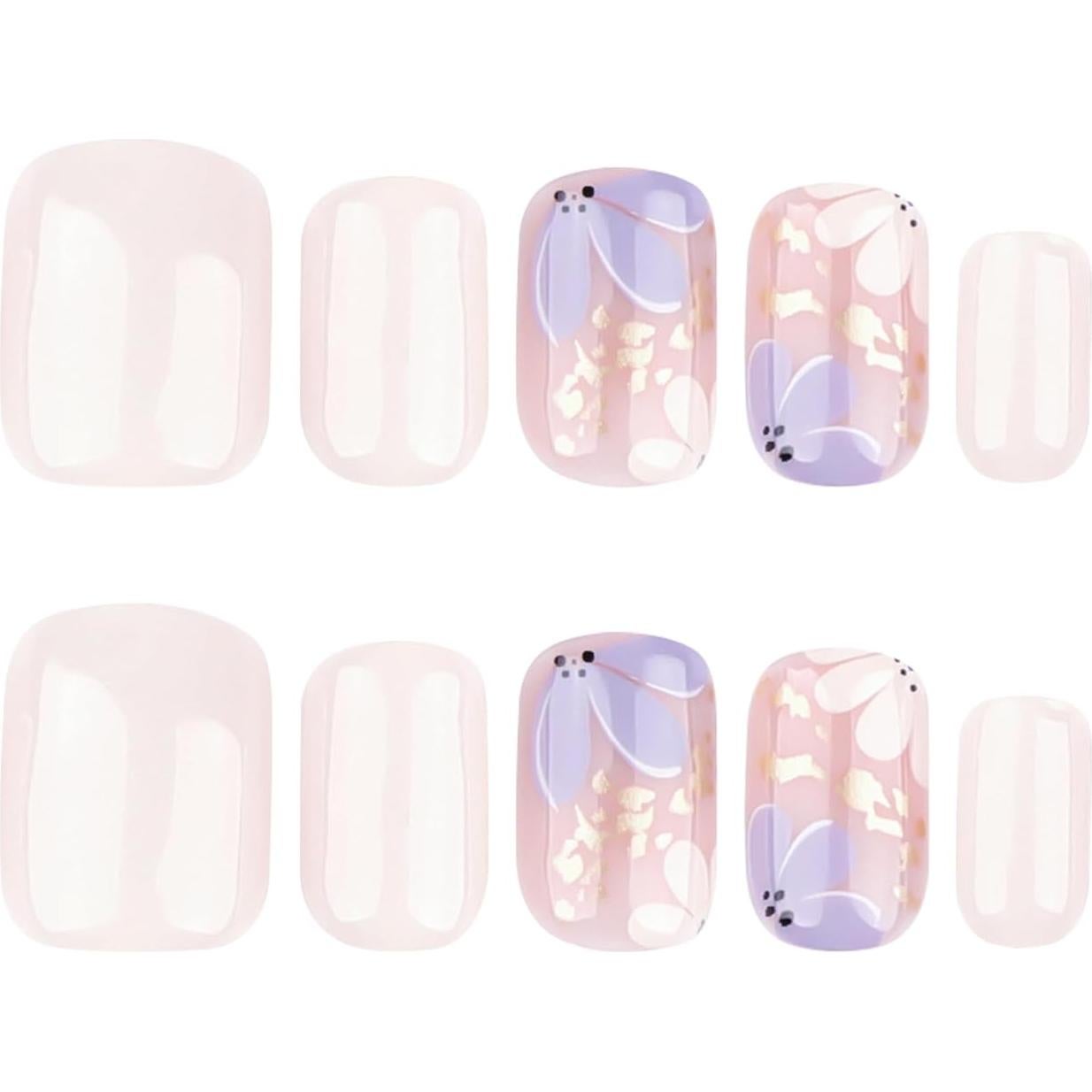 Uñas Postizas Cortas Beige Stbisen con Flores y Acabado Brillante