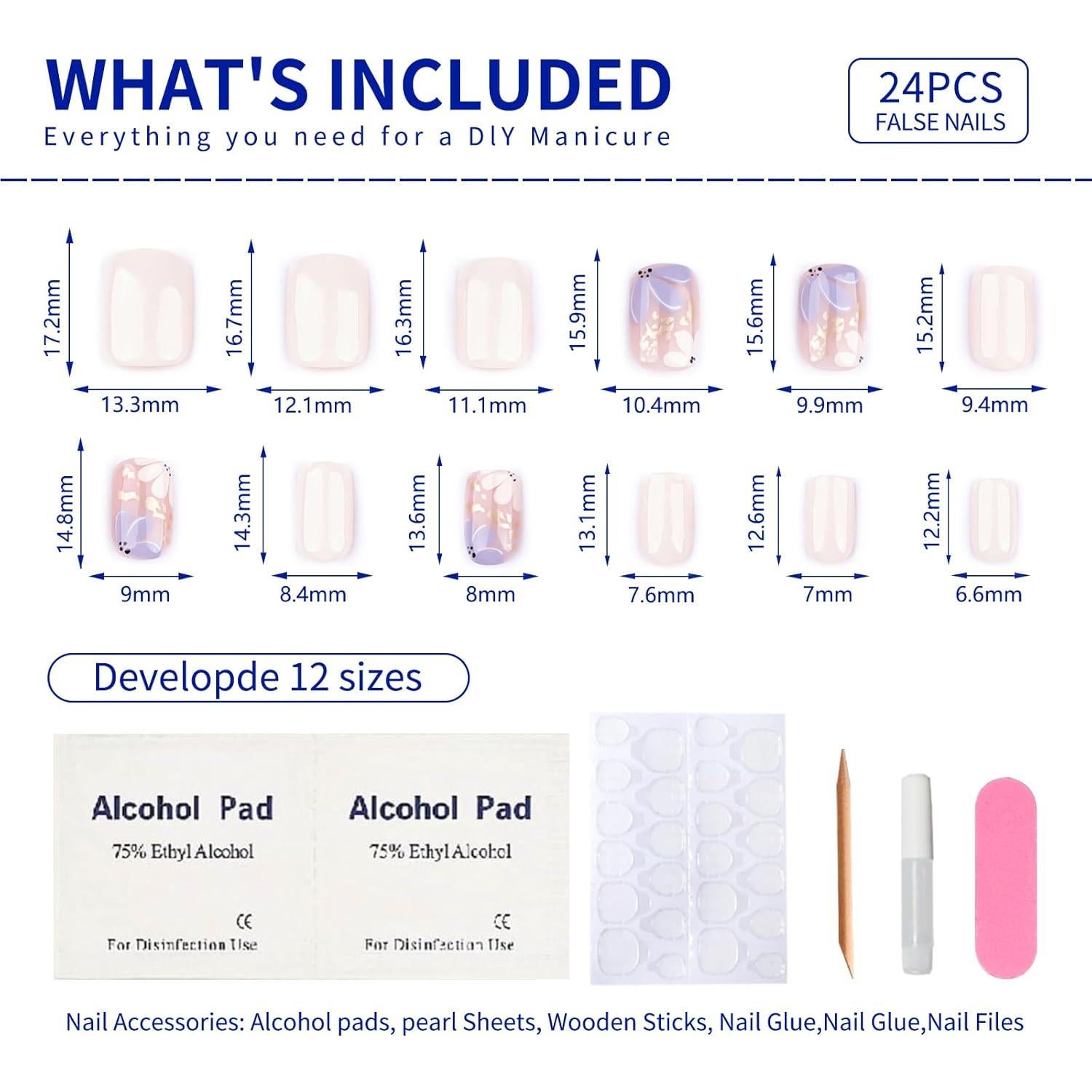 Uñas Postizas Cortas Beige Stbisen con Flores y Acabado Brillante