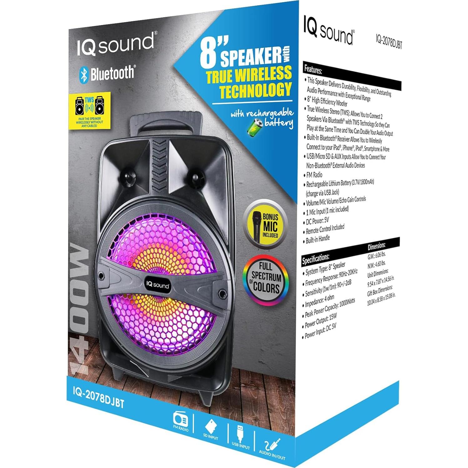 Altavoz Bluetooth IQ Sound IQ-2078DJBT 8" 1000W USB FM