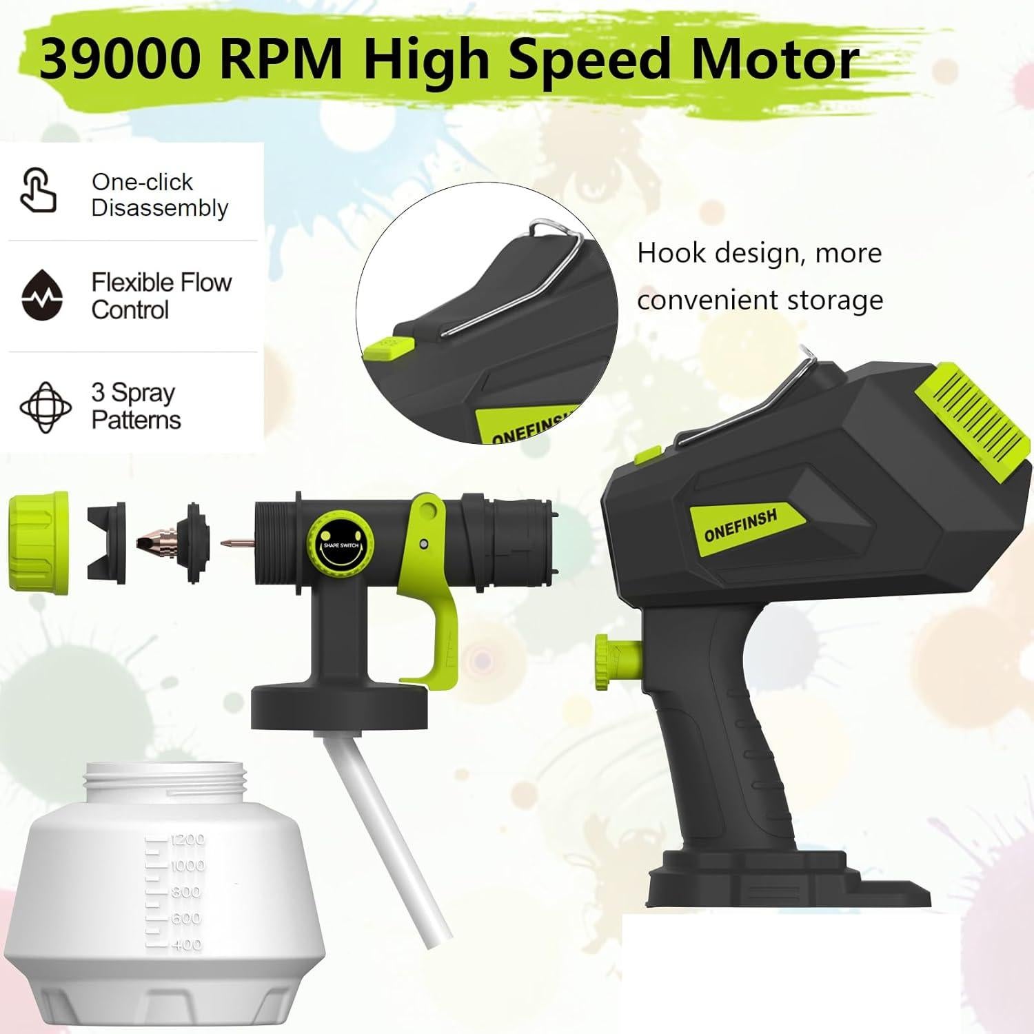 Pulverizador de pintura inalámbrico Onefinsh 18V HVLP 4 boquillas