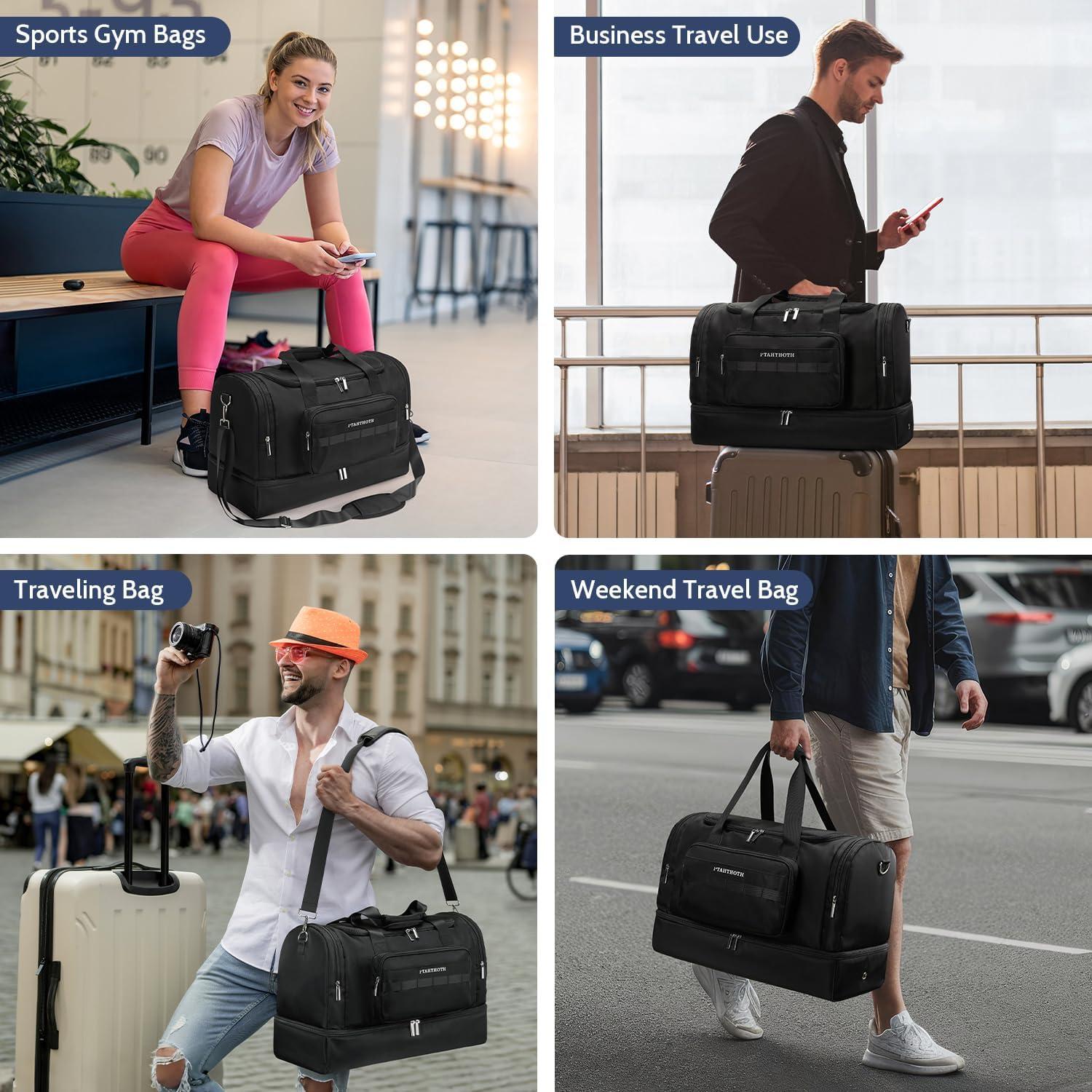 Large 42L Carry On Duffle Bag for Travel & Gym - TSA Approved Airplane Personal Item with Shoe Compartment & Wet Pocket, Water-Resistant Weekender Overnight Bag for Men Women (Black)