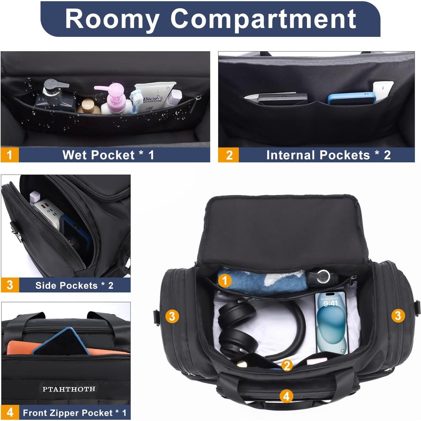 Large 42L Carry On Duffle Bag for Travel & Gym - TSA Approved Airplane Personal Item with Shoe Compartment & Wet Pocket, Water-Resistant Weekender Overnight Bag for Men Women (Black)