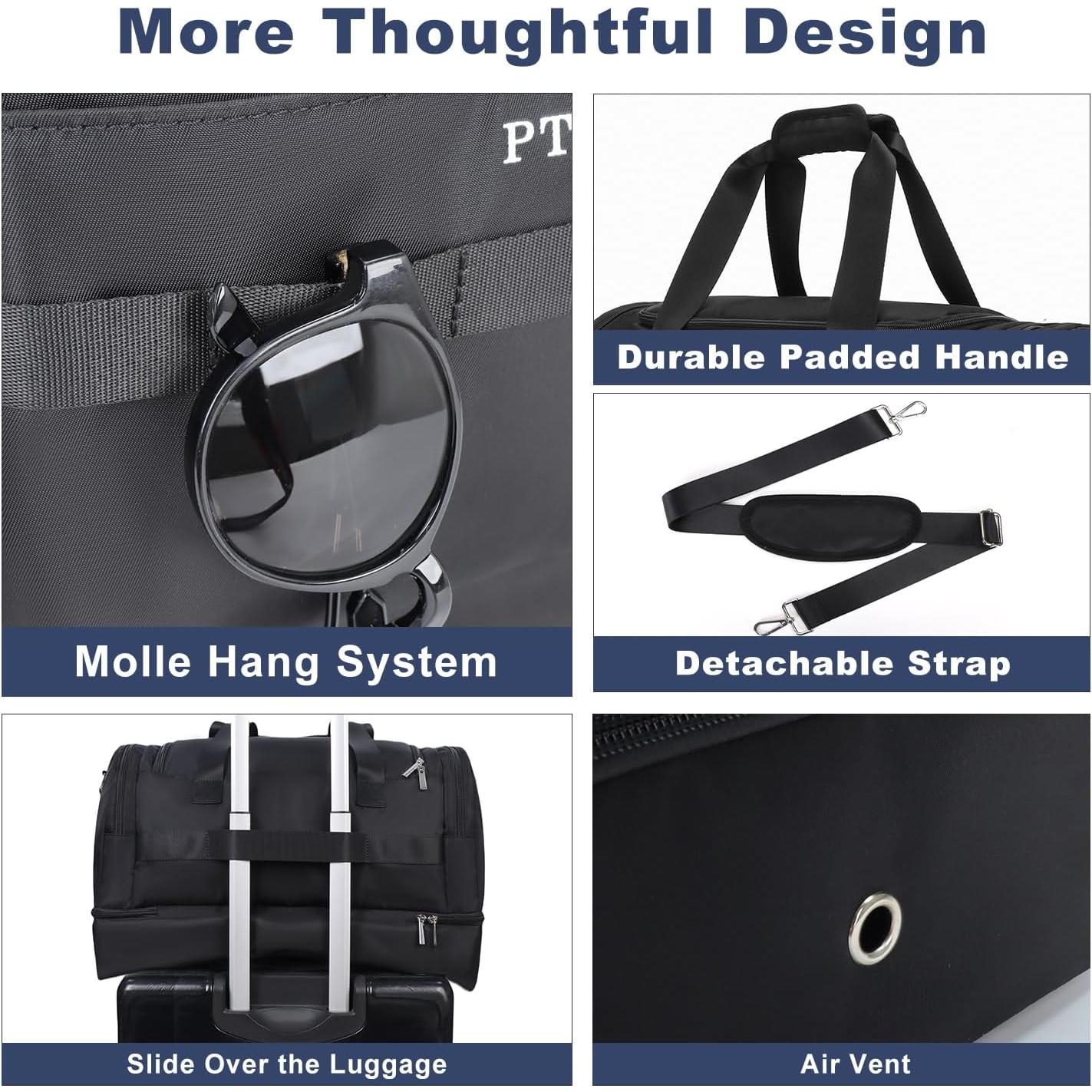 Large 42L Carry On Duffle Bag for Travel & Gym - TSA Approved Airplane Personal Item with Shoe Compartment & Wet Pocket, Water-Resistant Weekender Overnight Bag for Men Women (Black)