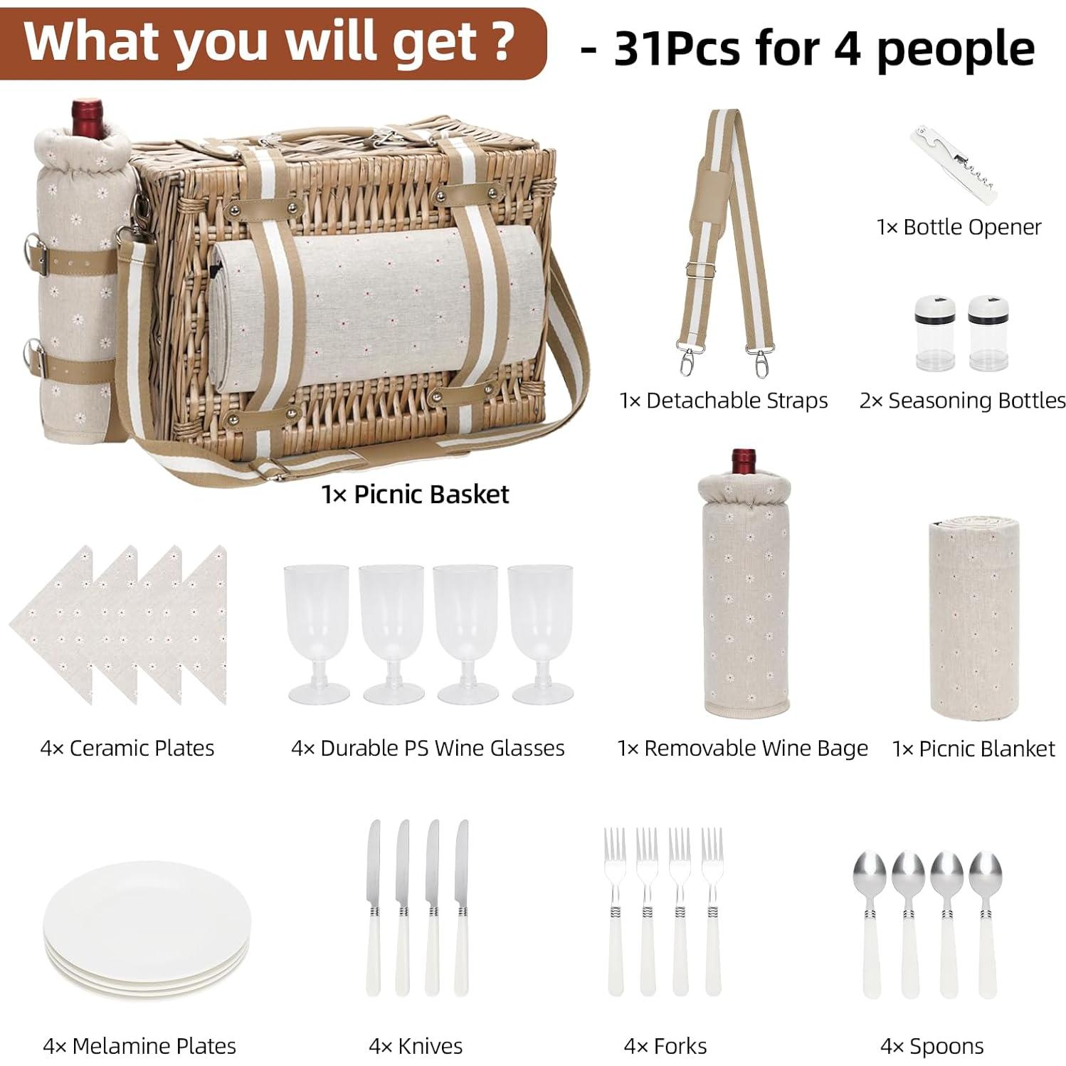 Cesta de Picnic Grande G GOOD GAIN 31 Piezas con Manta y Enfriador