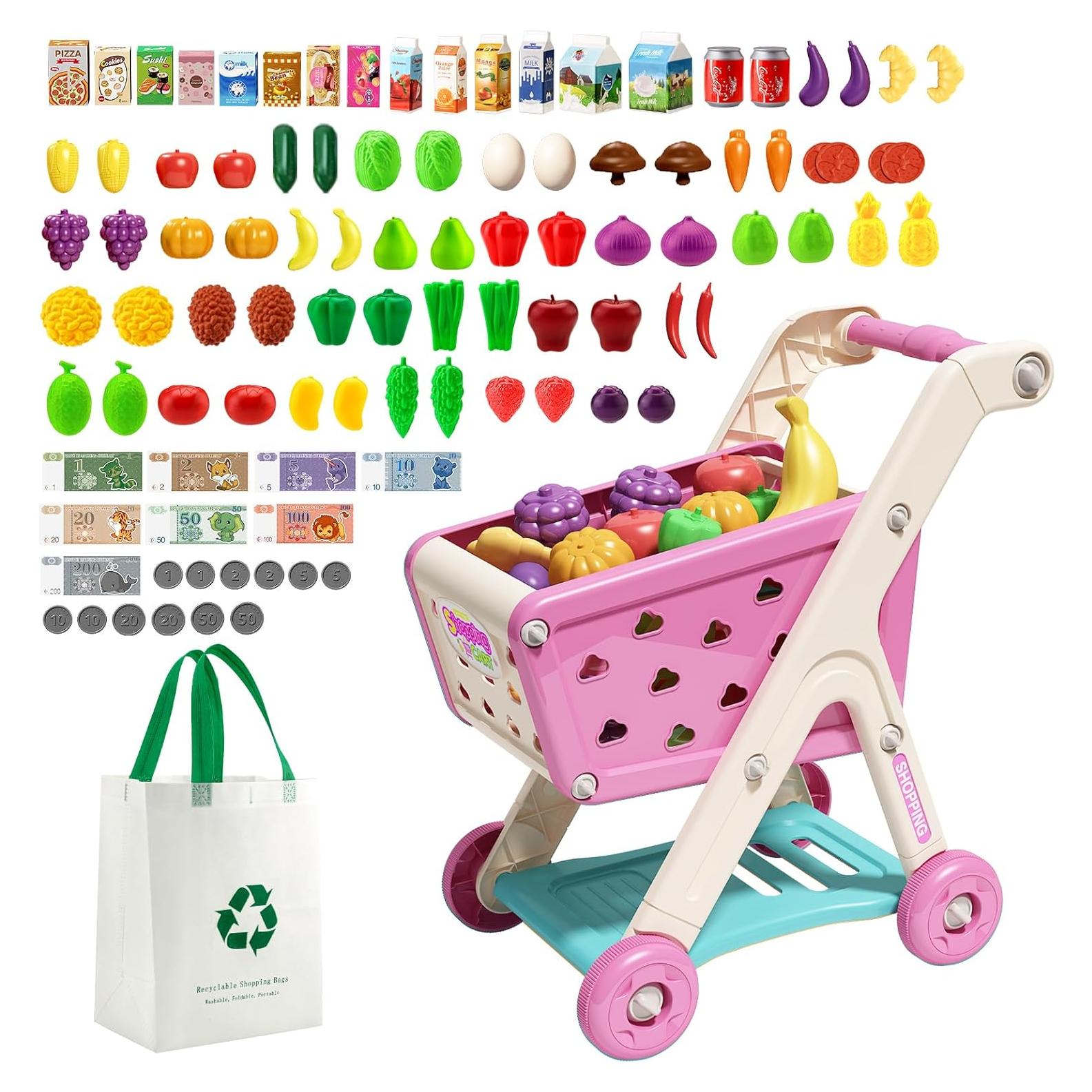Juego de Carrito de Compras Jovow 98 Piezas Rosa para Niños