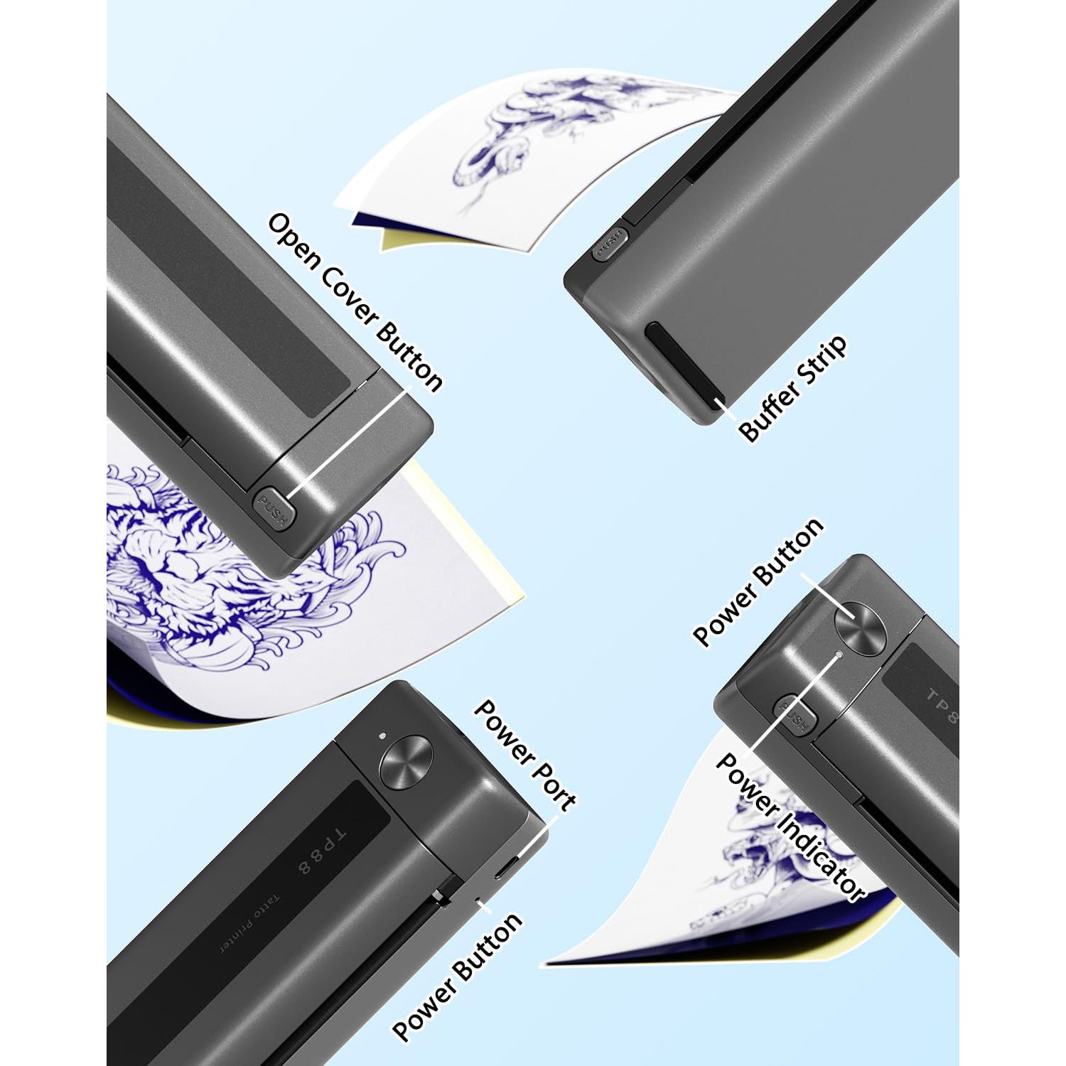 Impresora Térmica de Tatuajes Zodzi TP88 - Portátil, A4, Bluetooth