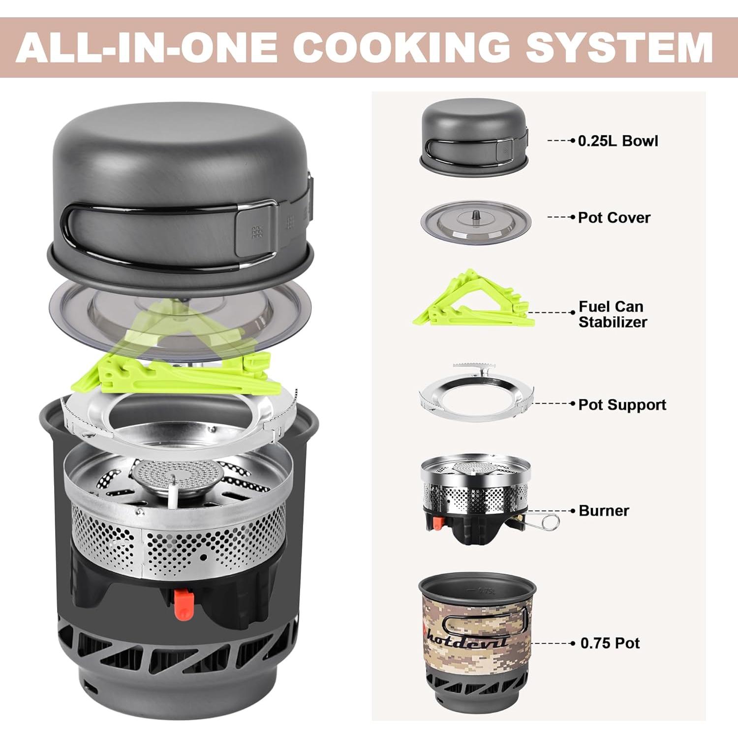 Estufa de Camping Hotdevil HD-SS-5120-2 con Olla 0.75L y Soporte