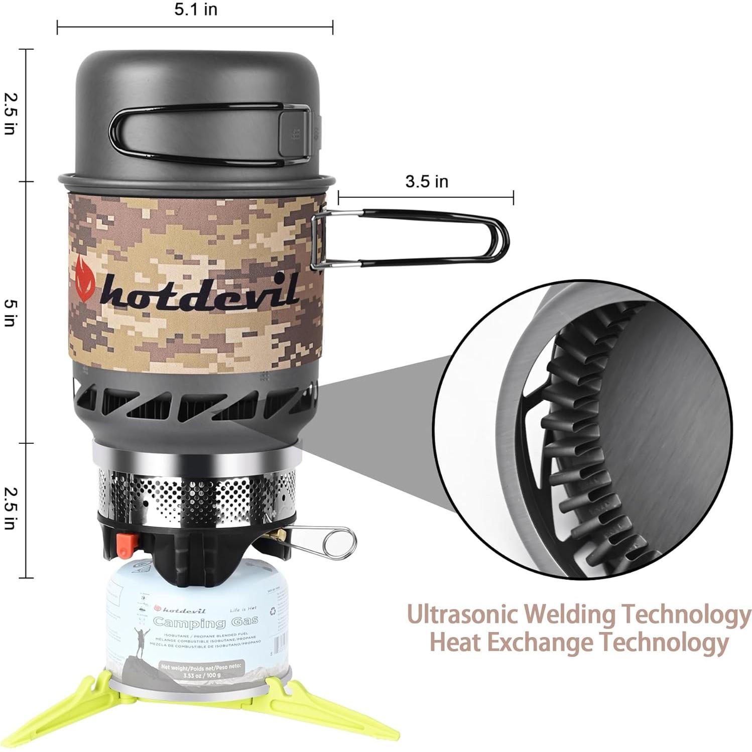 Estufa de Camping Hotdevil HD-SS-5120-2 con Olla 0.75L y Soporte
