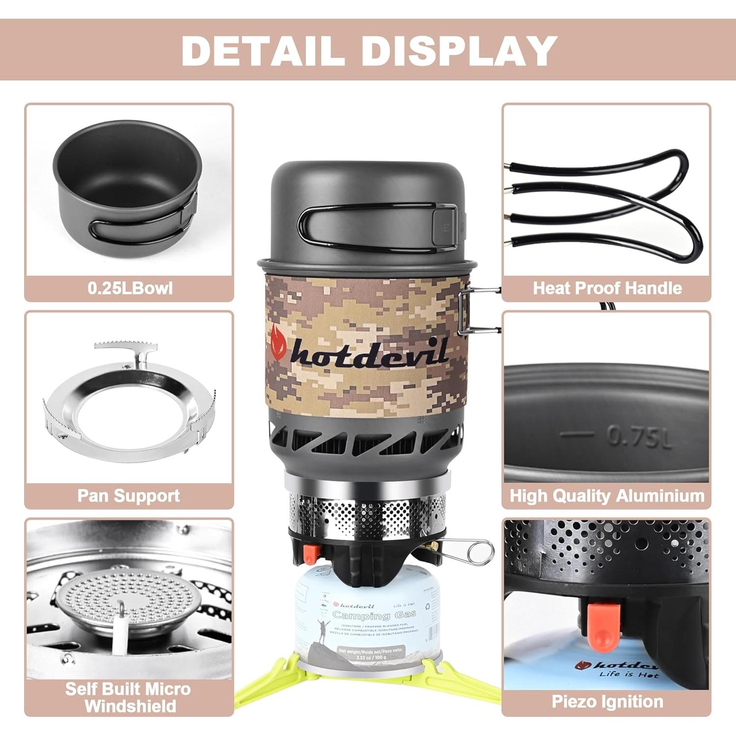 Estufa de Camping Hotdevil HD-SS-5120-2 con Olla 0.75L y Soporte