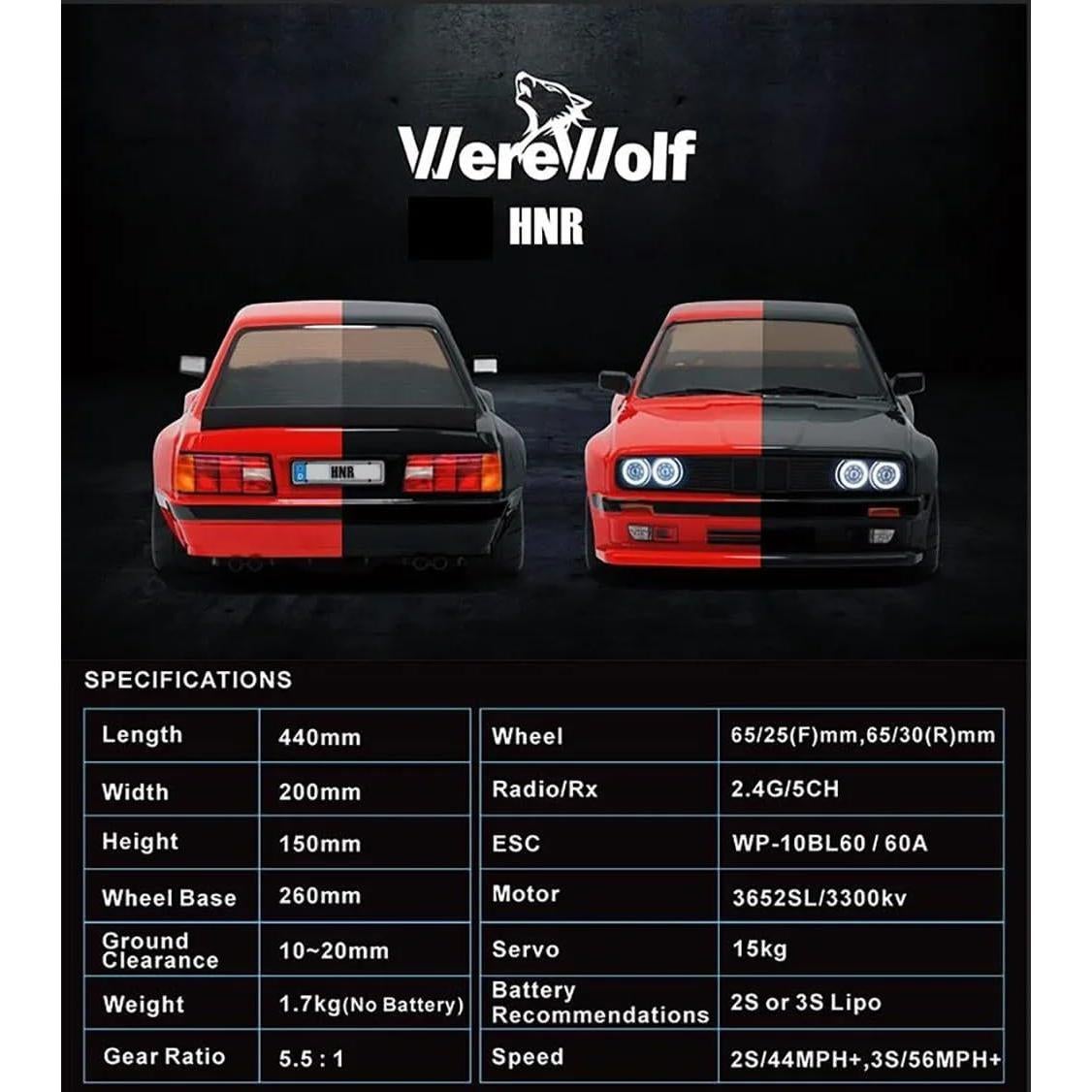 Coche RC HNR Hombre Lobo 1/10 4WD Sin Escobillas Negro