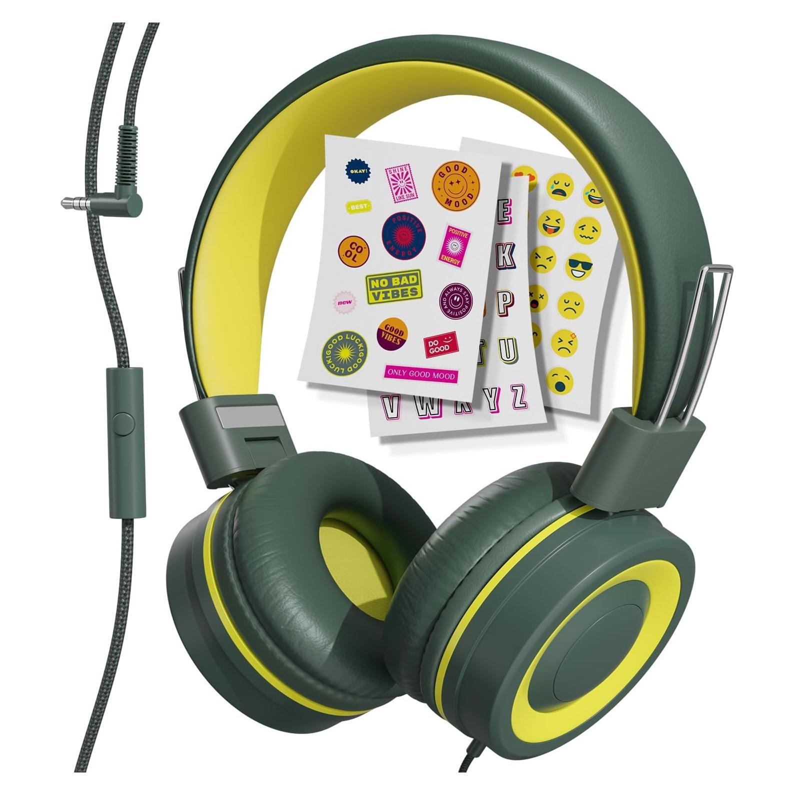 MYZI Kids Headphones with Cord, Foldable Over Ear Headphones for Kids with Microphone, Tangle-Free Wired 85dB Safe Volume Toddler Headphones for iPad, School, and Airplane – Green