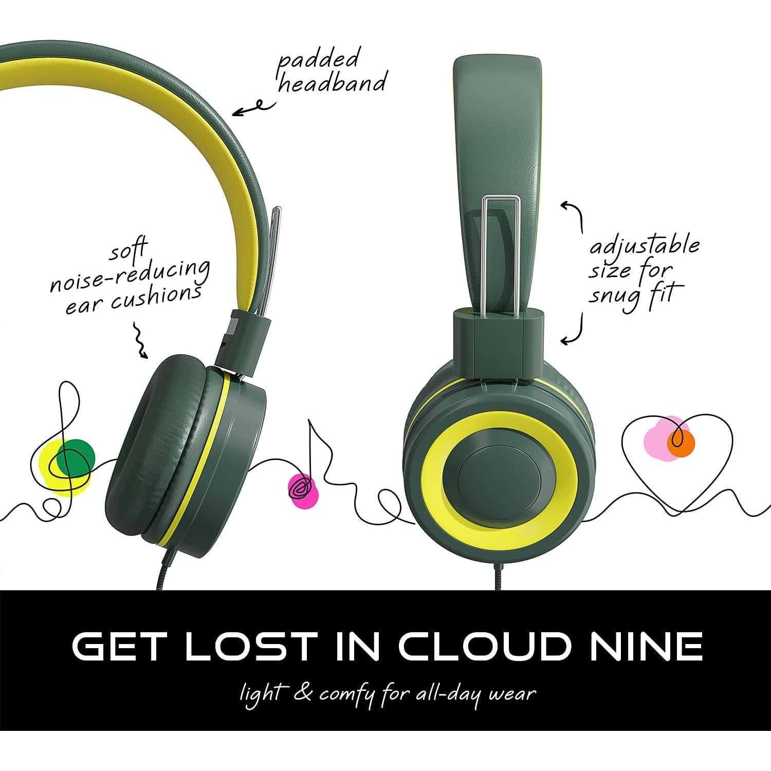 MYZI Kids Headphones with Cord, Foldable Over Ear Headphones for Kids with Microphone, Tangle-Free Wired 85dB Safe Volume Toddler Headphones for iPad, School, and Airplane – Green